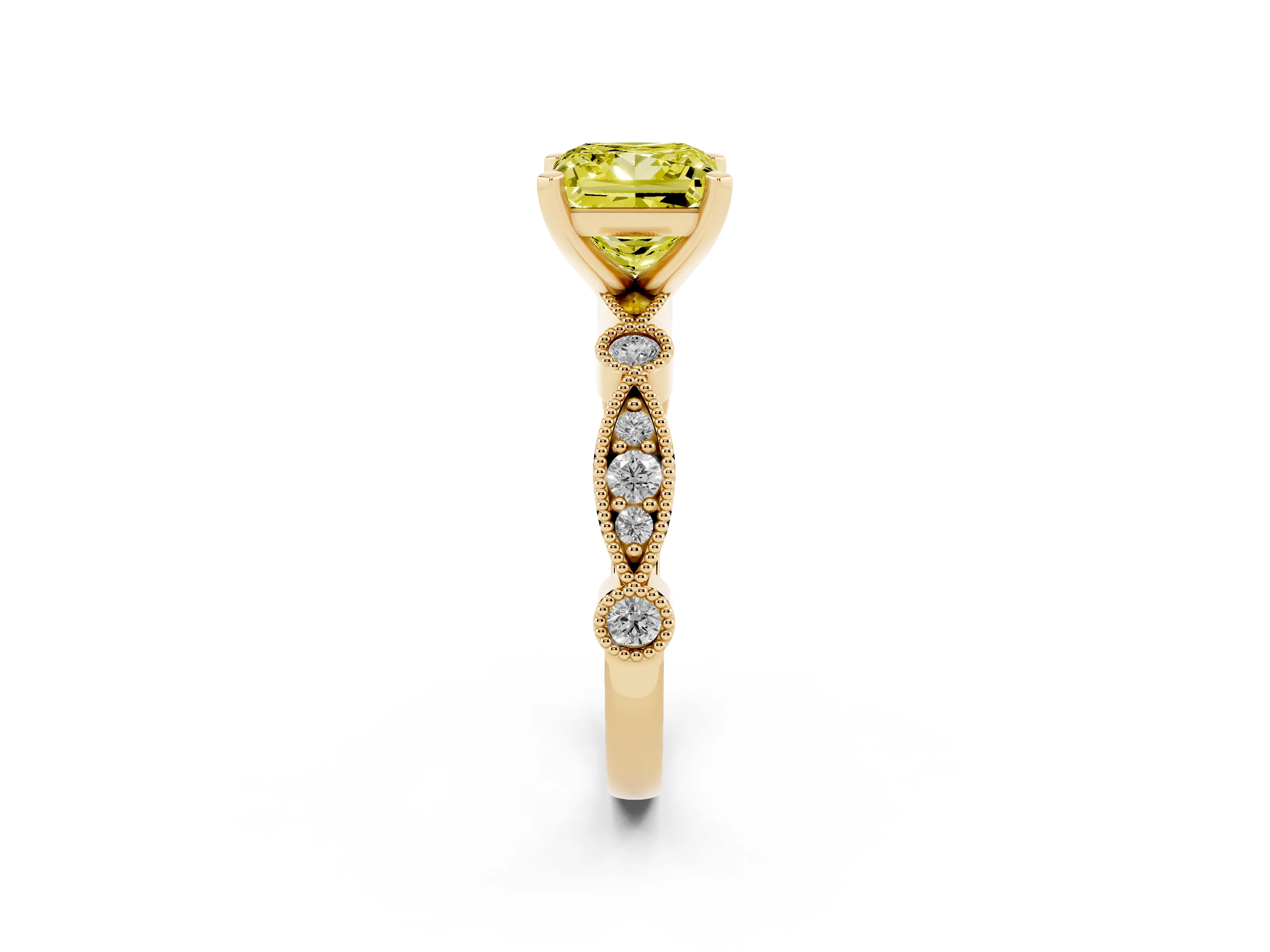 Fancy Yellow Princess Cut Diamond Solitaire Engagement Ring Set in Yellow gold with Milgrain Bezel Accent Band