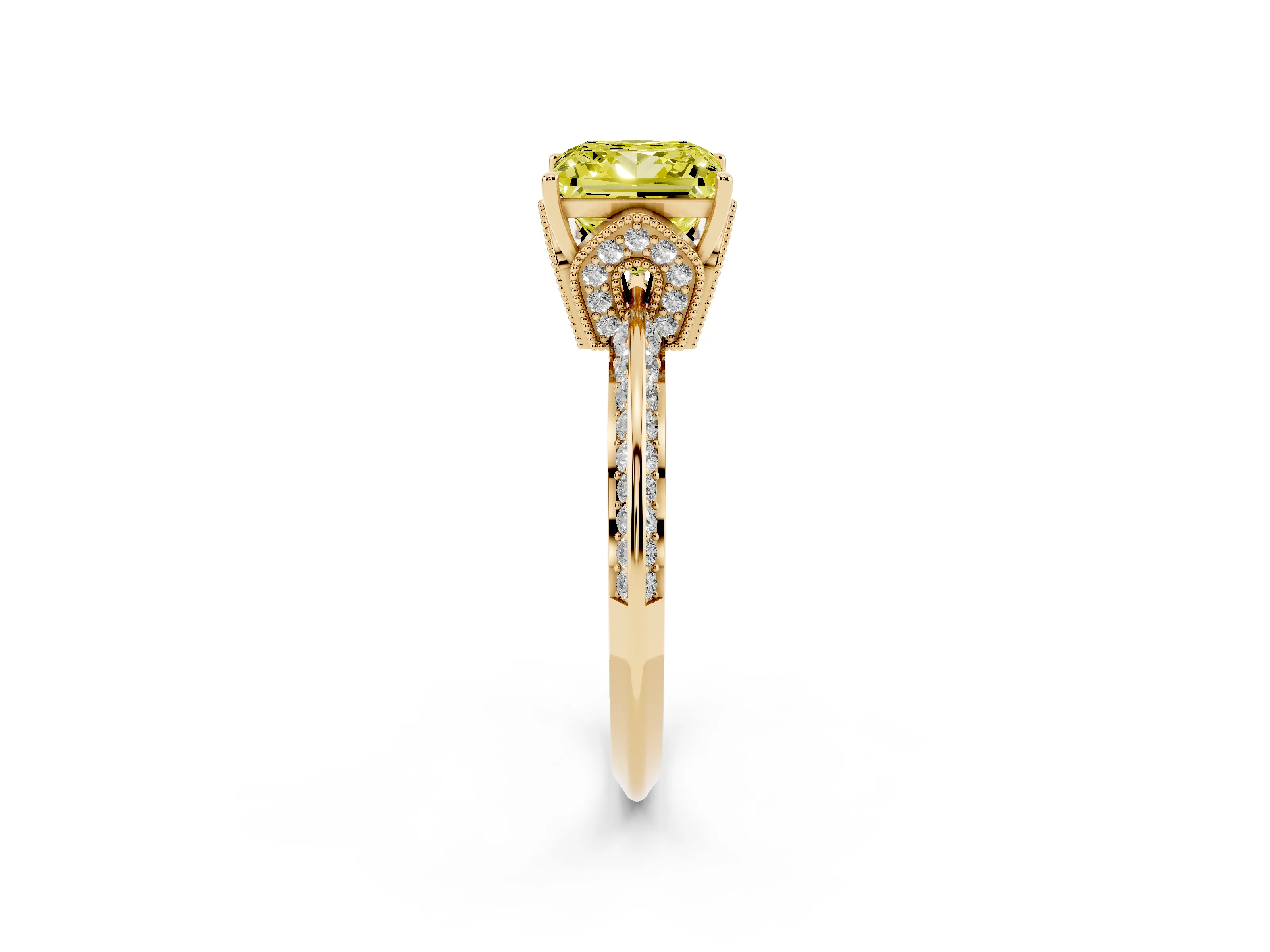 Fancy Yellow Princess Cut Diamond Solitaire Engagement Ring Set in Yellow gold with Pavé Split Shank and Prong Setting
