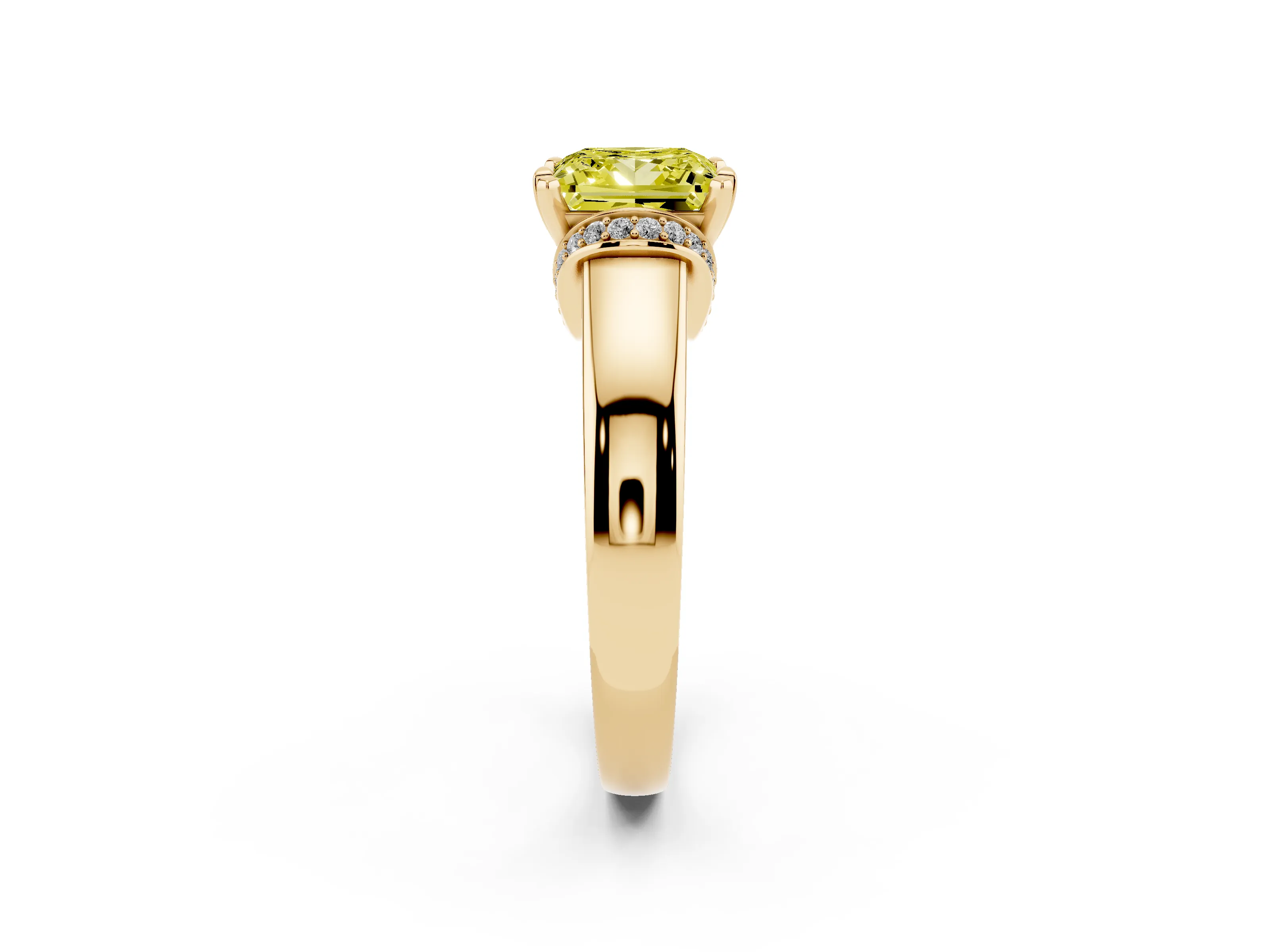 Fancy Yellow Princess Cut Diamond Pavé Band Solitaire Ring Set in Yellow gold with Prong Setting