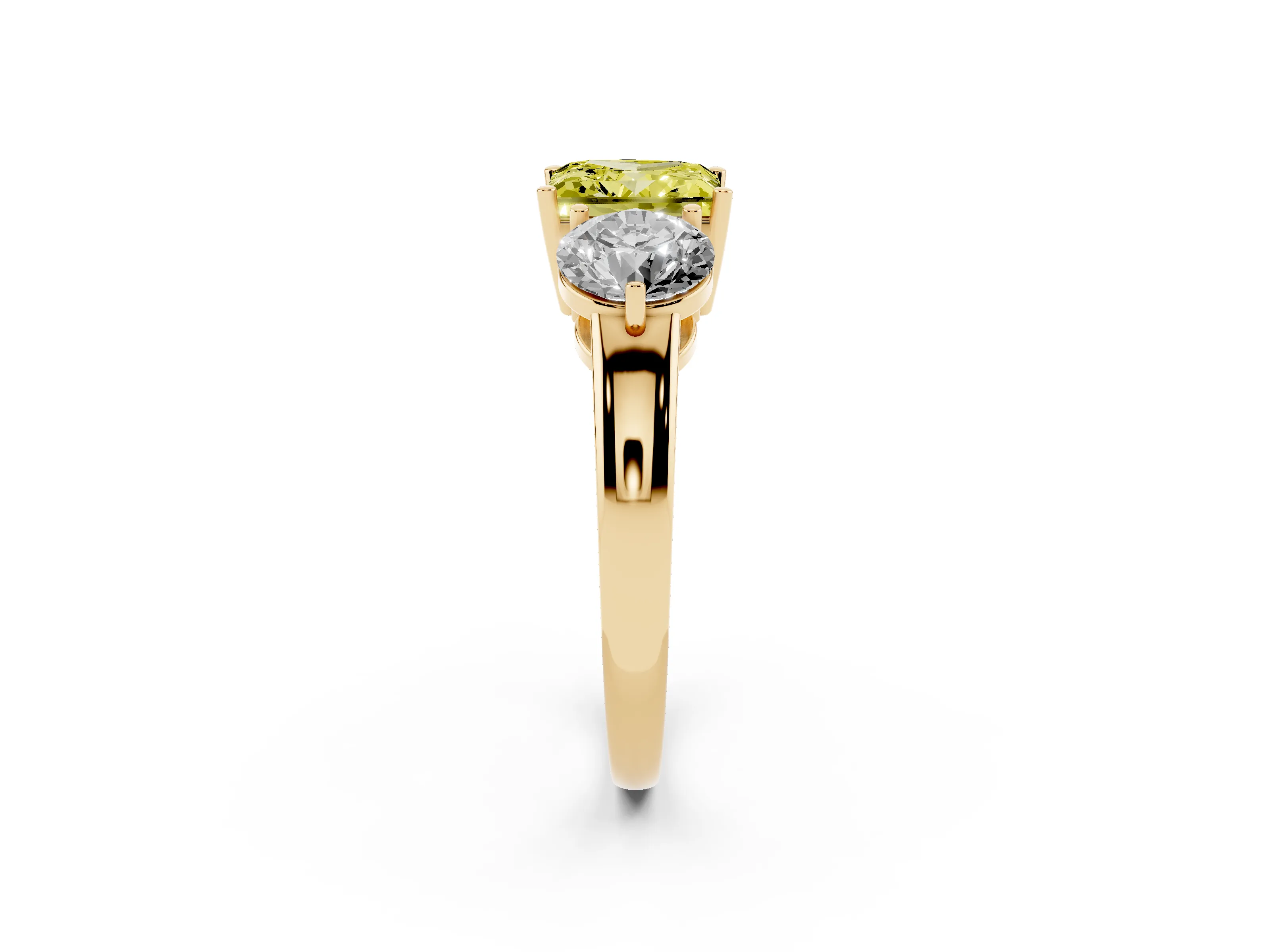 Fancy Yellow Princess Cut Diamond Three-Stone Ring Set in Yellow gold with Prong Setting and Plain Band