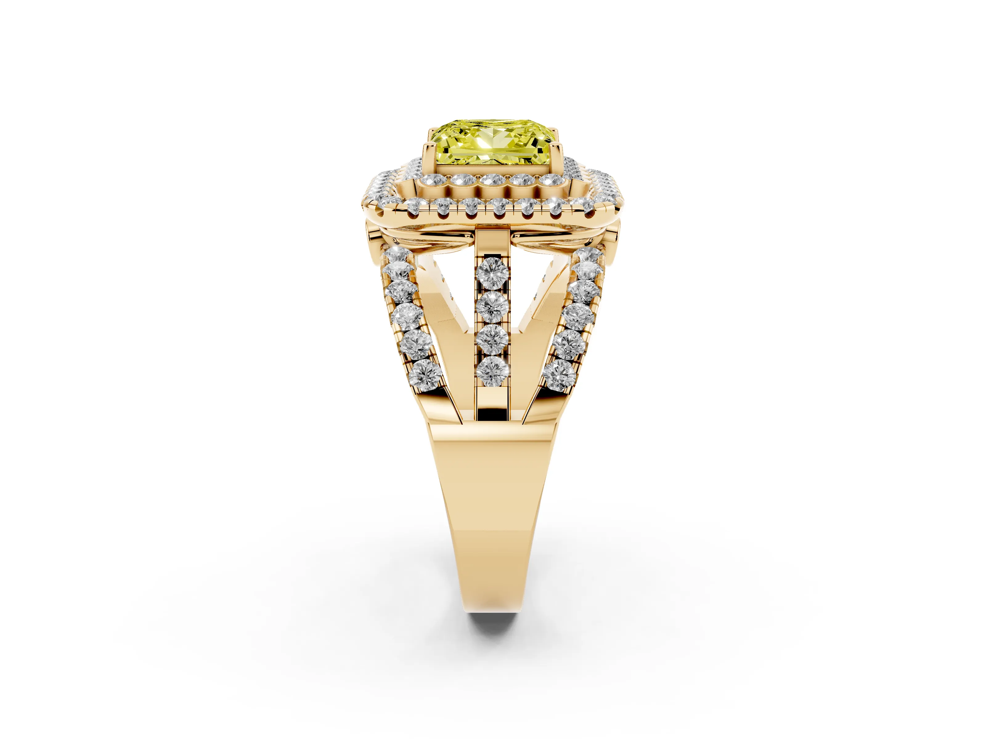 Fancy Yellow Princess Cut Diamond Double Halo Ring Set in Yellow gold with Round Pavé Split Shank