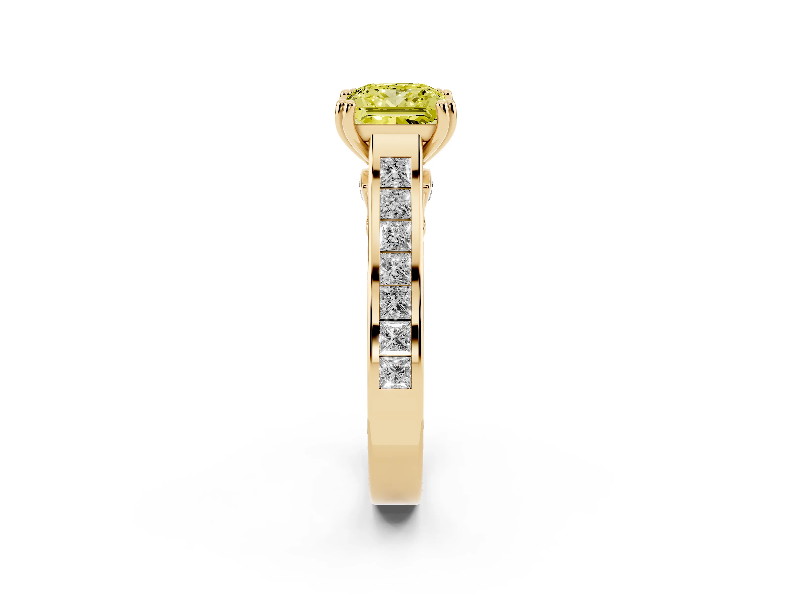 Fancy Yellow Princess Cut Diamond Channel Set Solitaire Engagement Ring Set in Yellow gold with Prong Setting