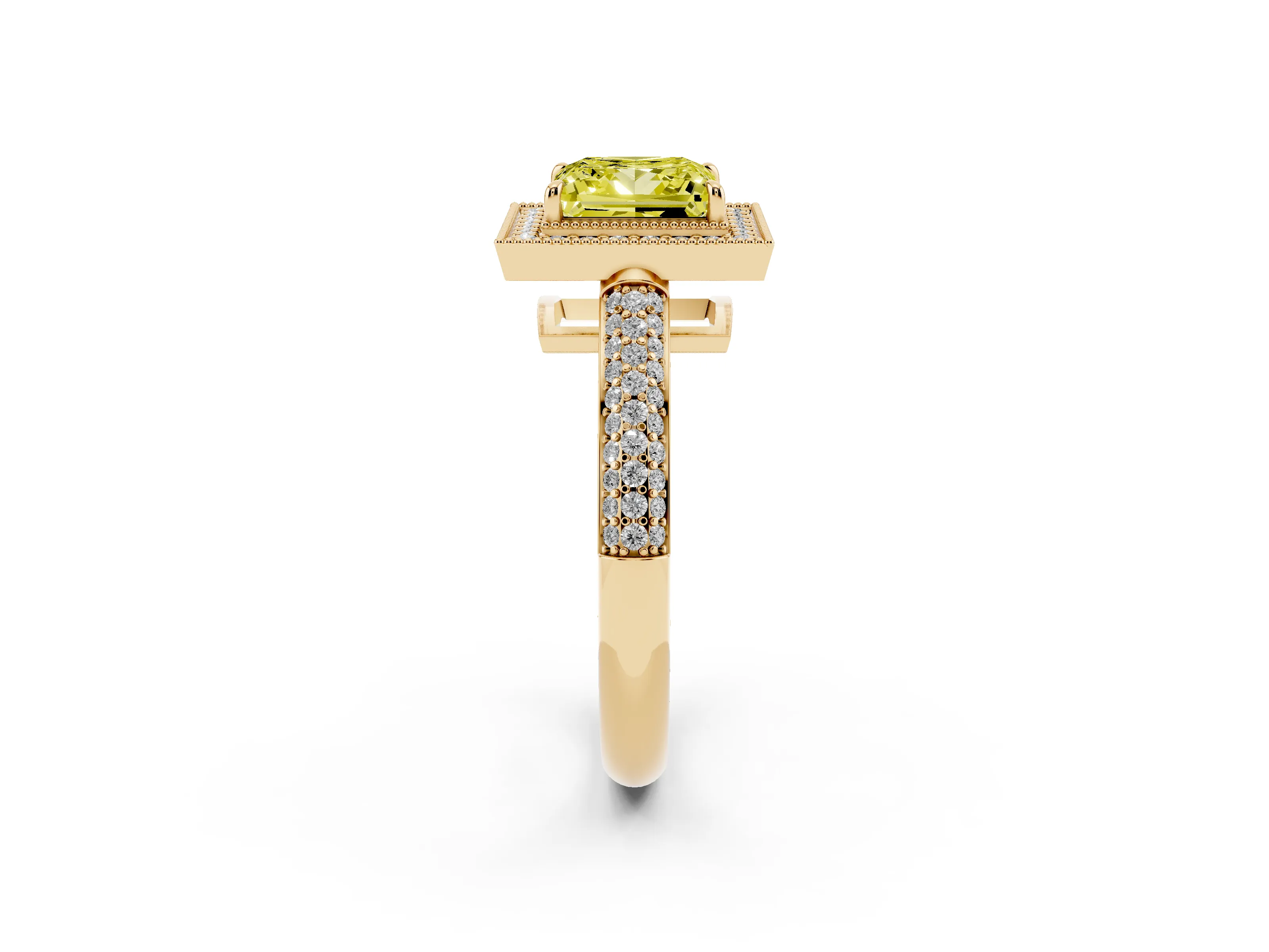 Fancy Yellow Princess Cut Diamond Halo Pavé Band Set in Yellow gold with Prong Setting