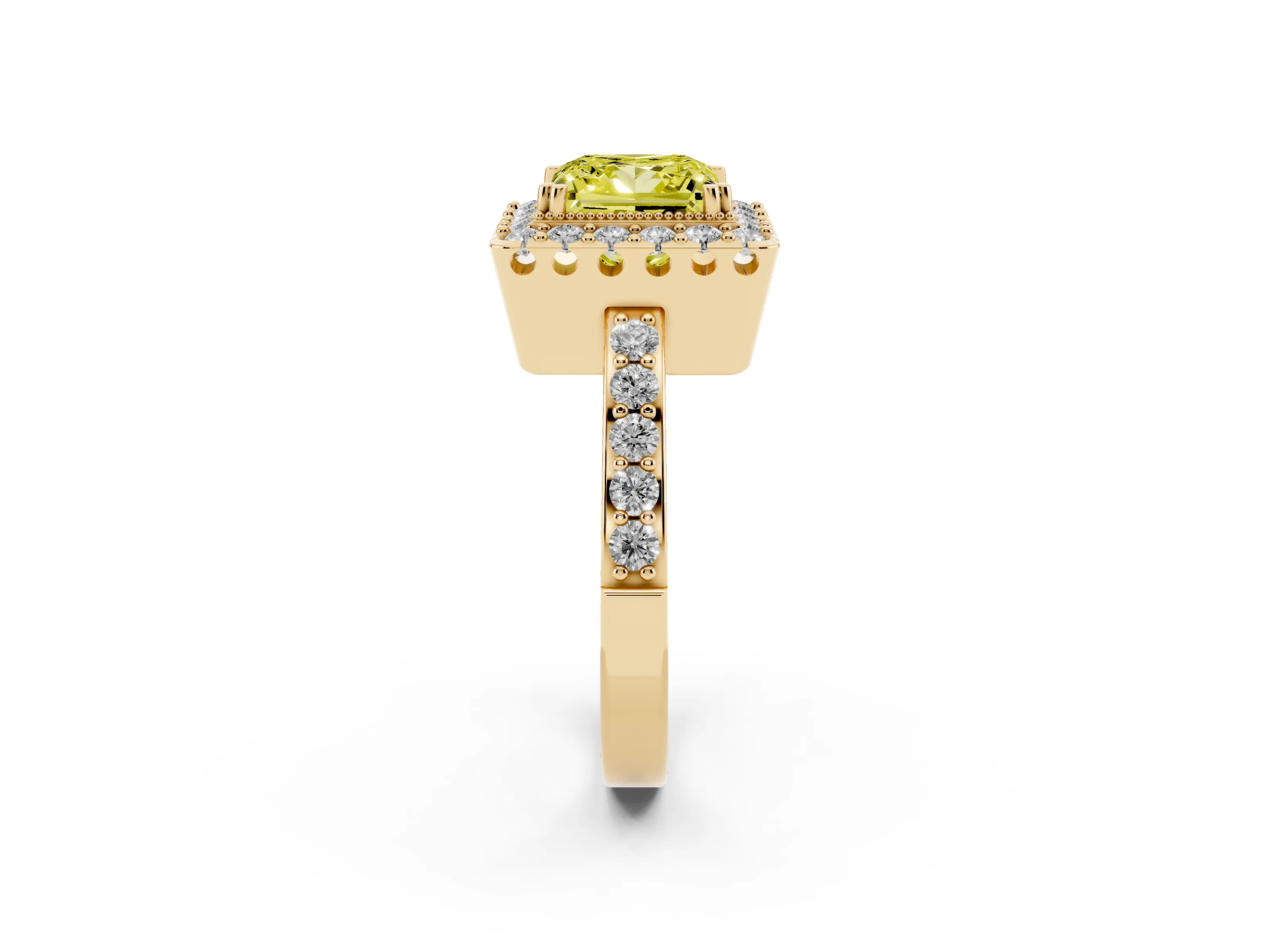 Fancy Yellow Princess Cut Diamond Halo Ring Set in Yellow gold with Pavé Shank and Prong Setting