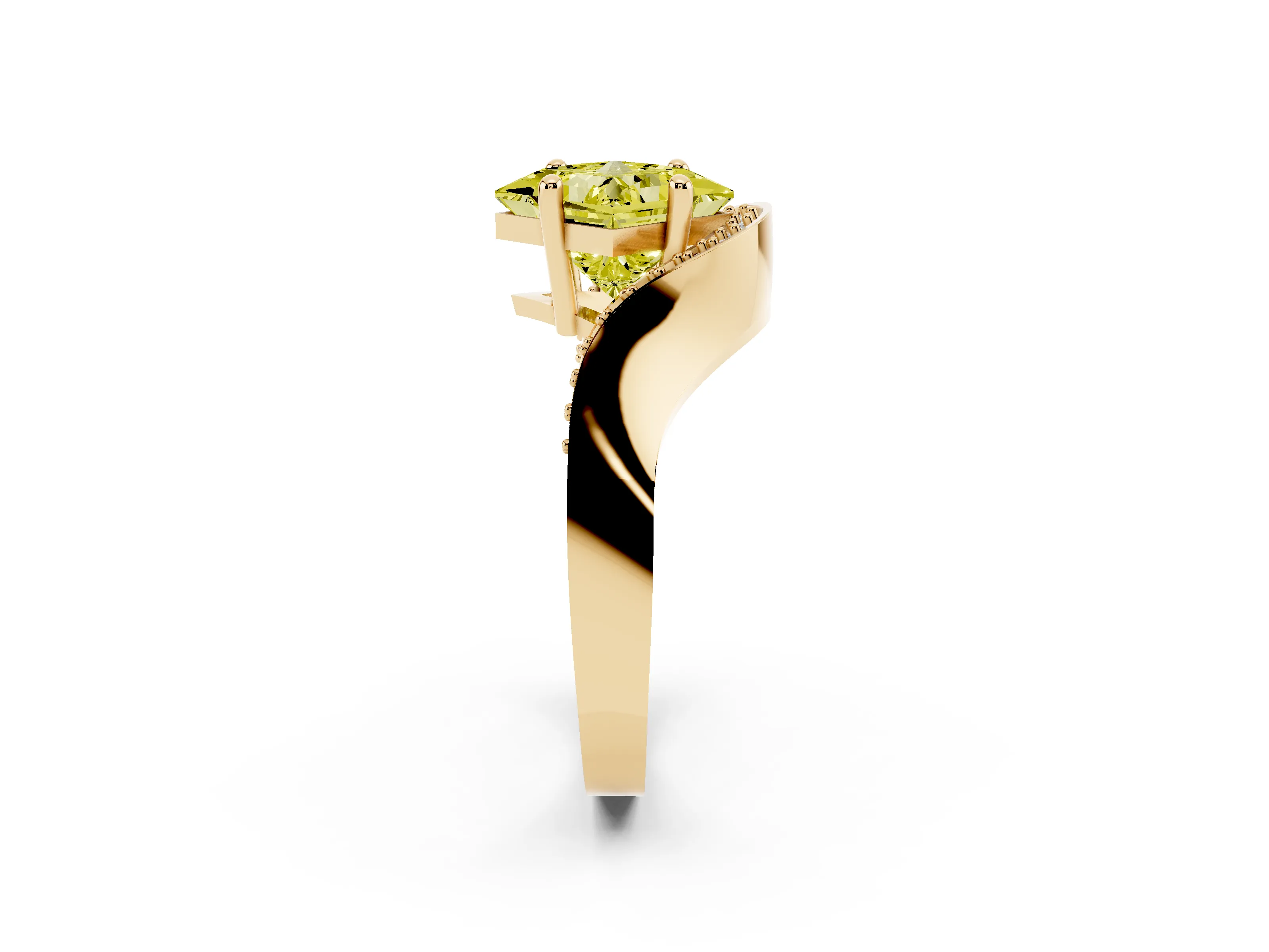 Fancy Yellow Princess Cut Diamond Solitaire Engagement Ring Set in Yellow gold with Pavé Shoulders