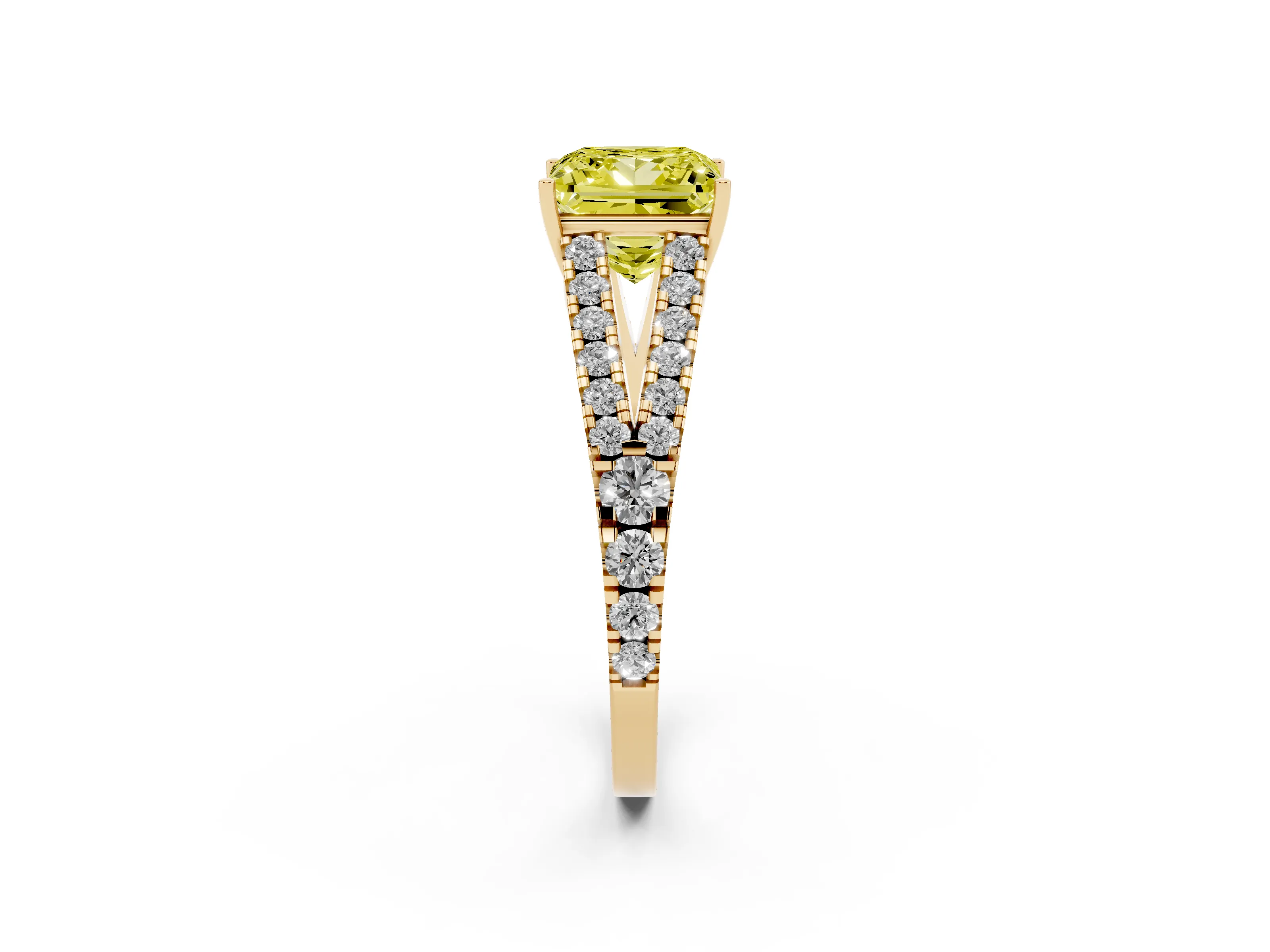 Fancy Yellow Princess Cut Diamond Split Shank Pavé Engagement Ring Set in Yellow gold with Prong-Held Center Stone