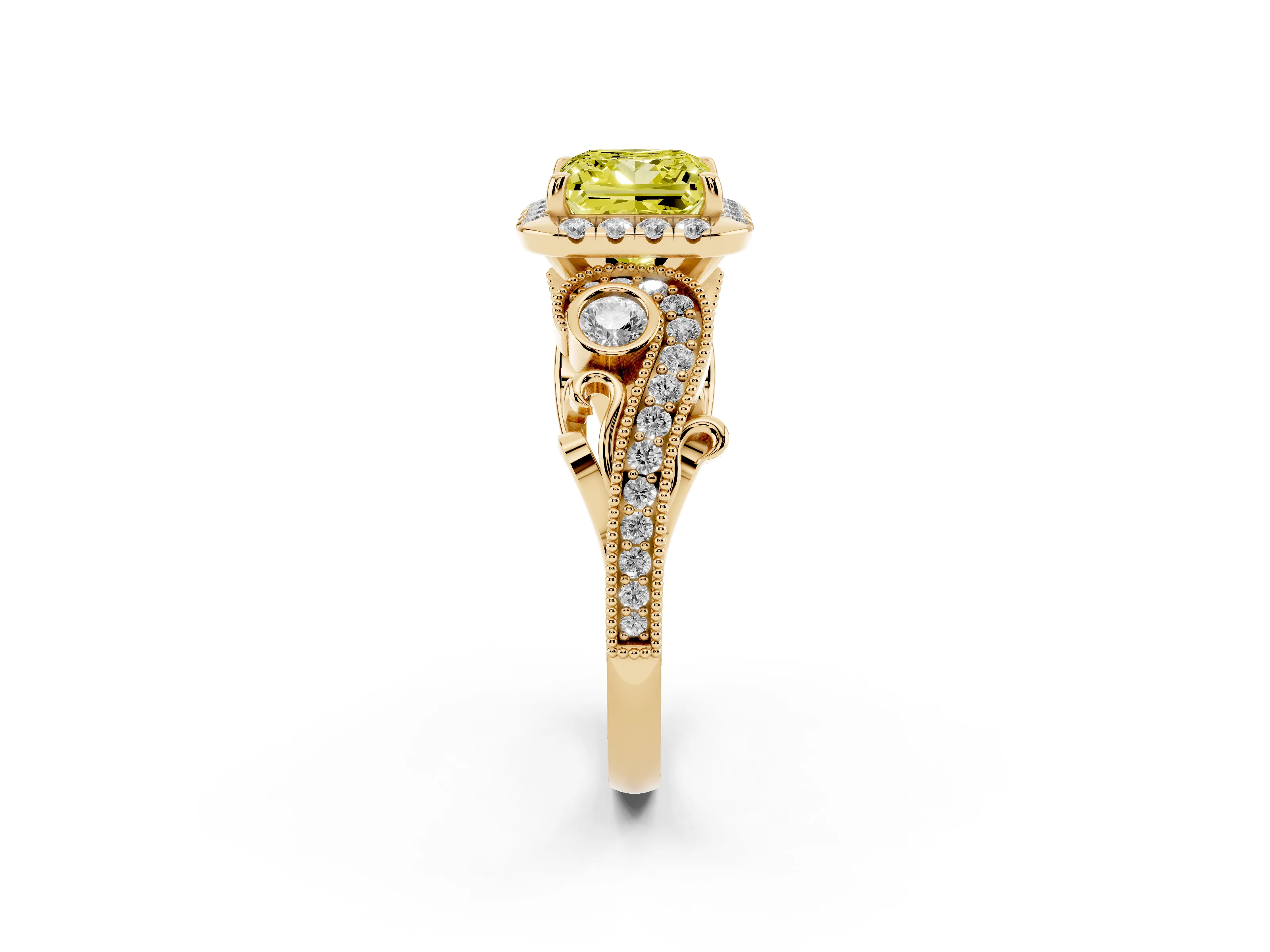 Fancy Yellow Princess Cut Diamond Halo Ring Set in Yellow gold with Milgrain Pavé Band and Prong Setting