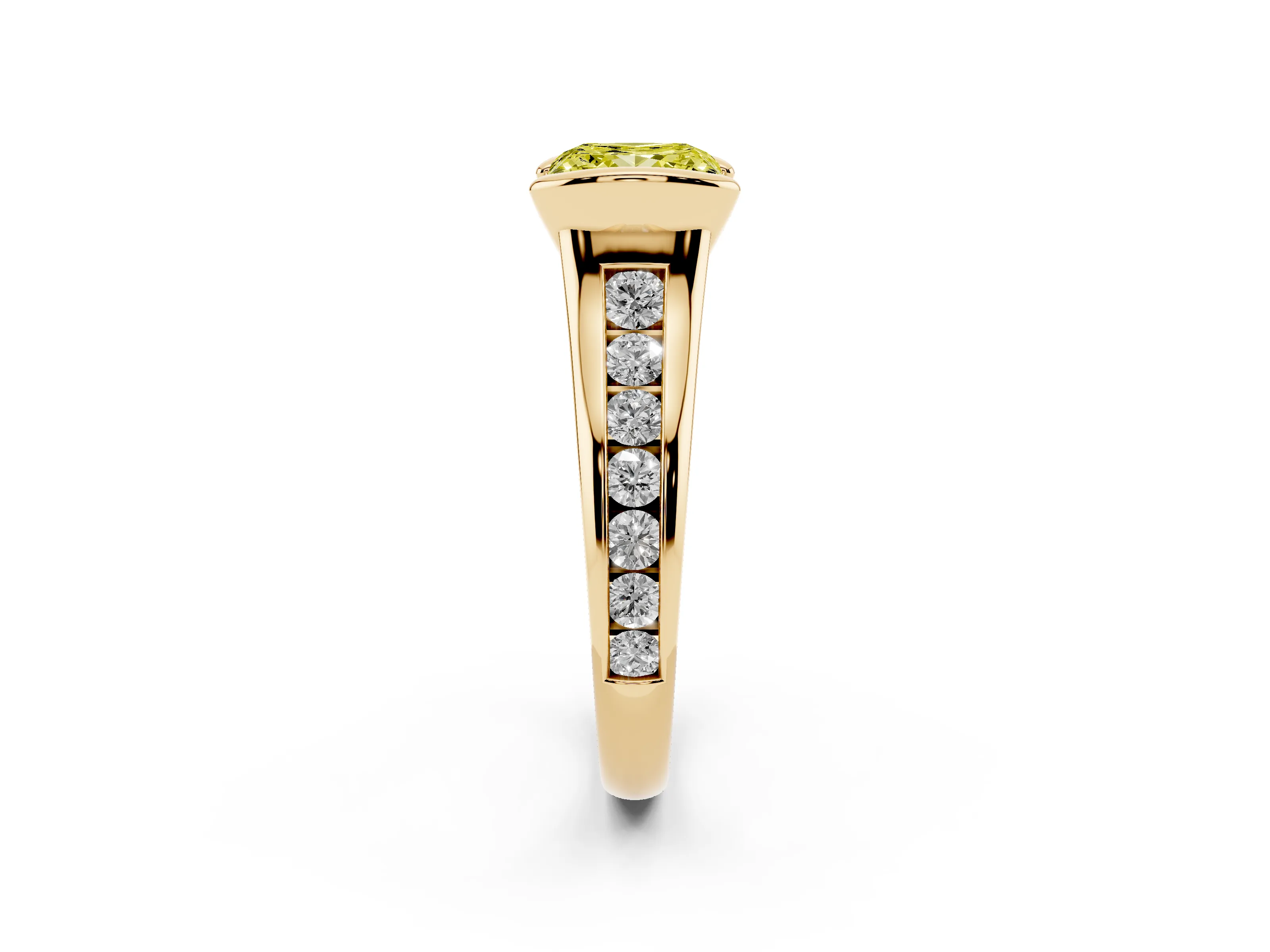 Fancy Yellow Princess Cut Diamond Bezel-Set Solitaire Ring Set in Yellow gold with Channel-Set Band