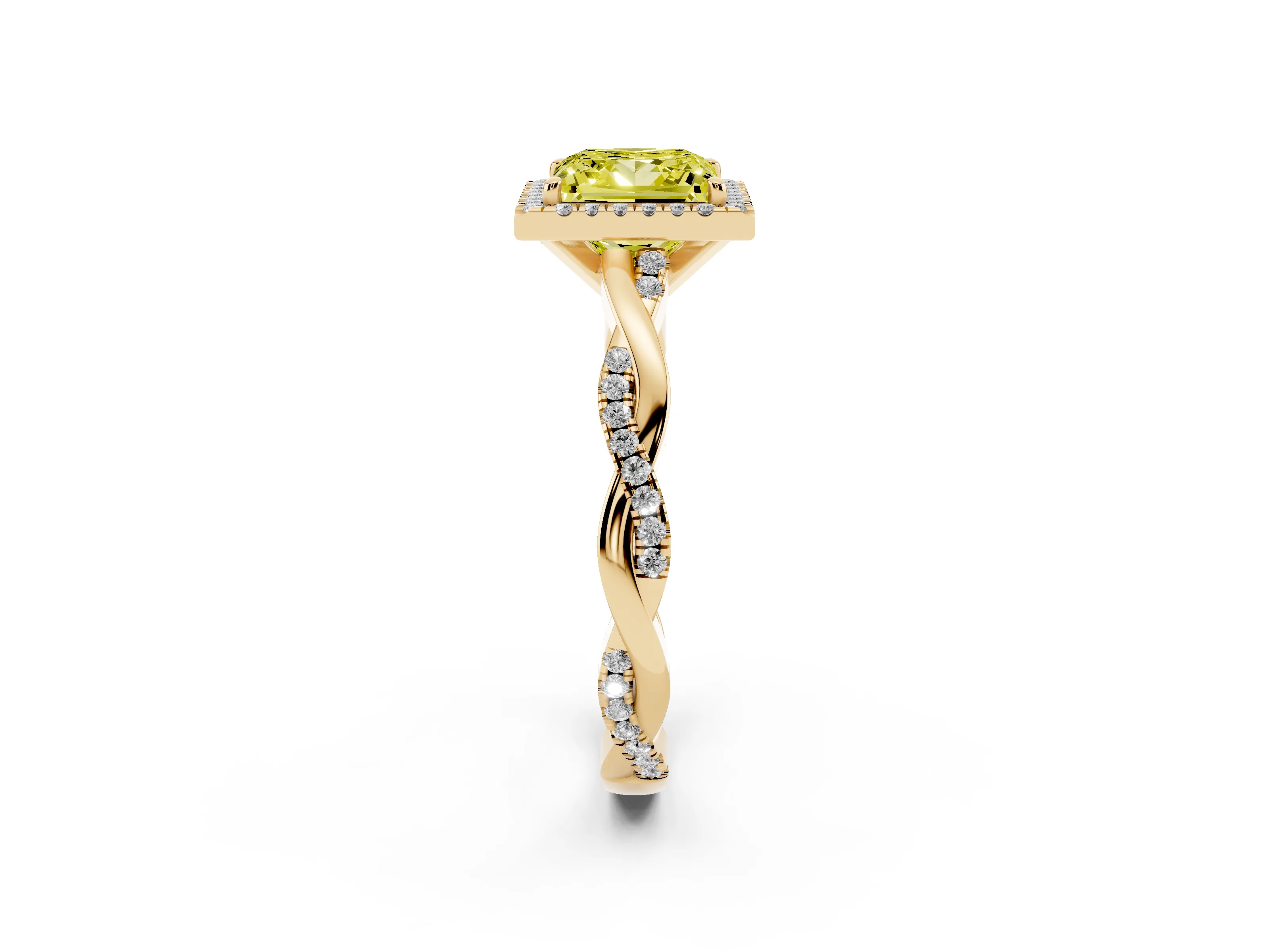 Fancy Yellow Princess Cut Diamond Halo Twisted Band Ring Set in Yellow gold with Prong Setting