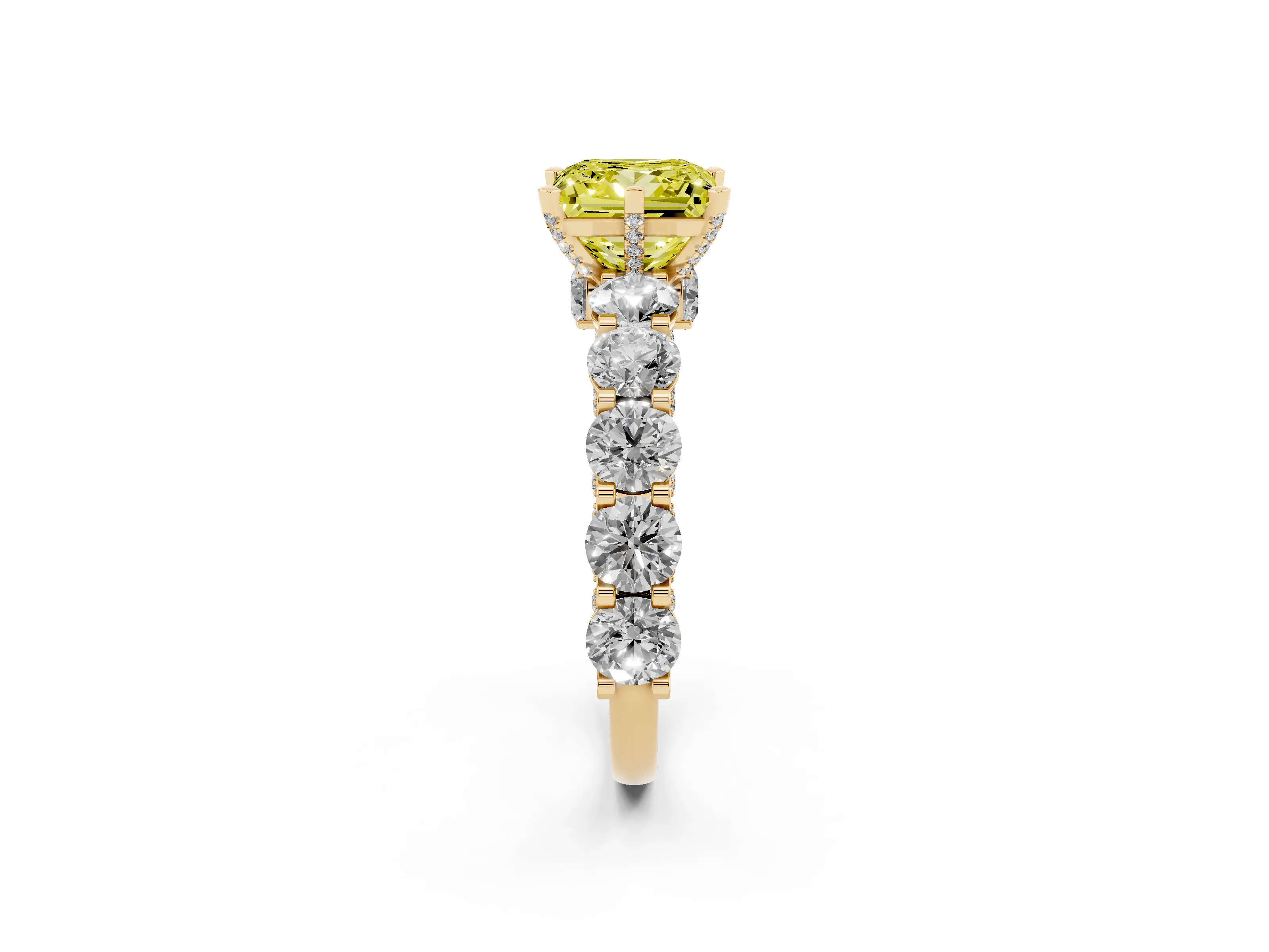 Fancy Yellow Princess Cut Diamond Side Stone Ring Set in Yellow gold with Alternating Round and Oval Side Stones