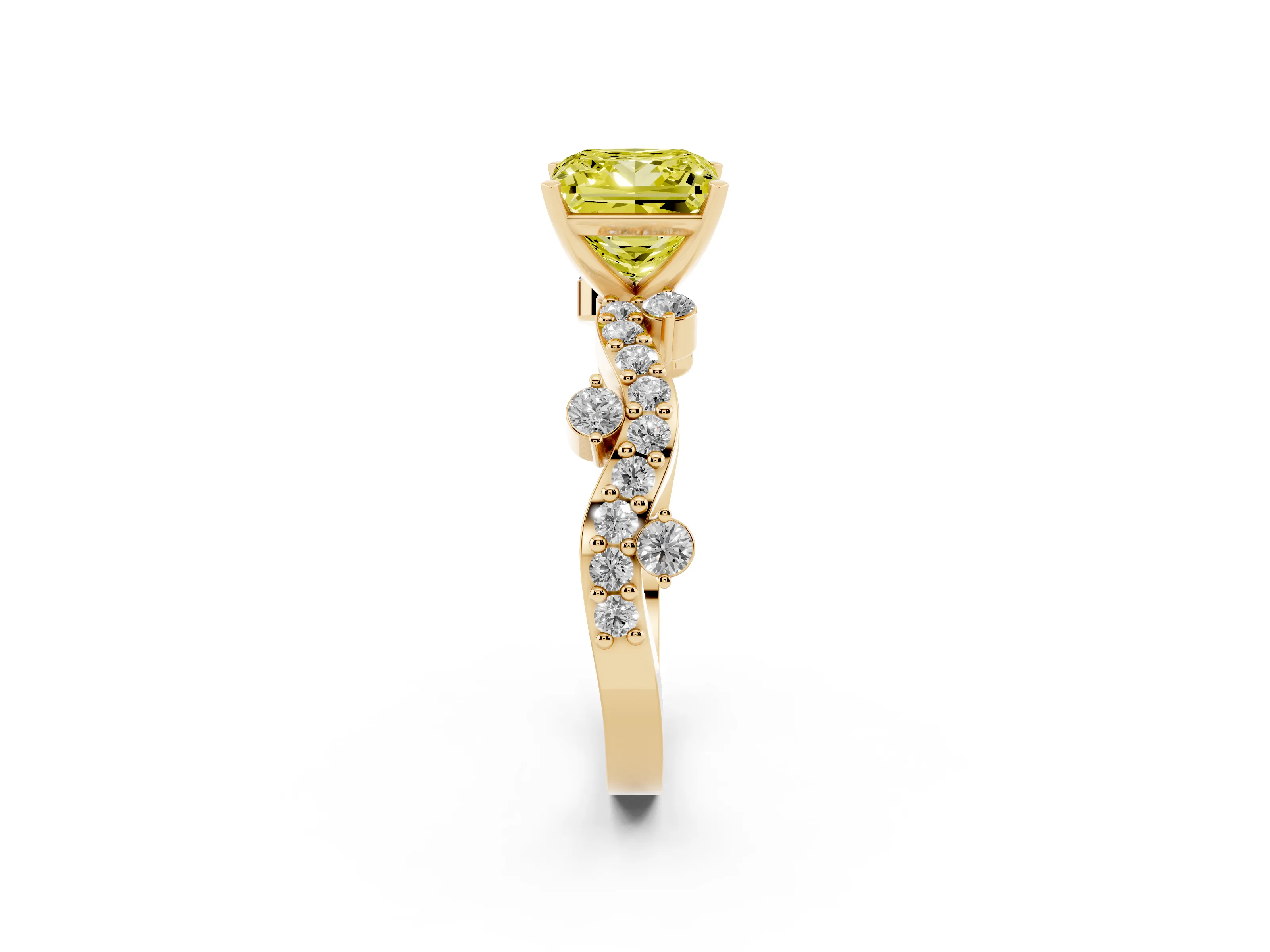 Fancy Yellow Princess Cut Diamond Solitaire Twisted Band Set in Yellow gold with Pavé Setting