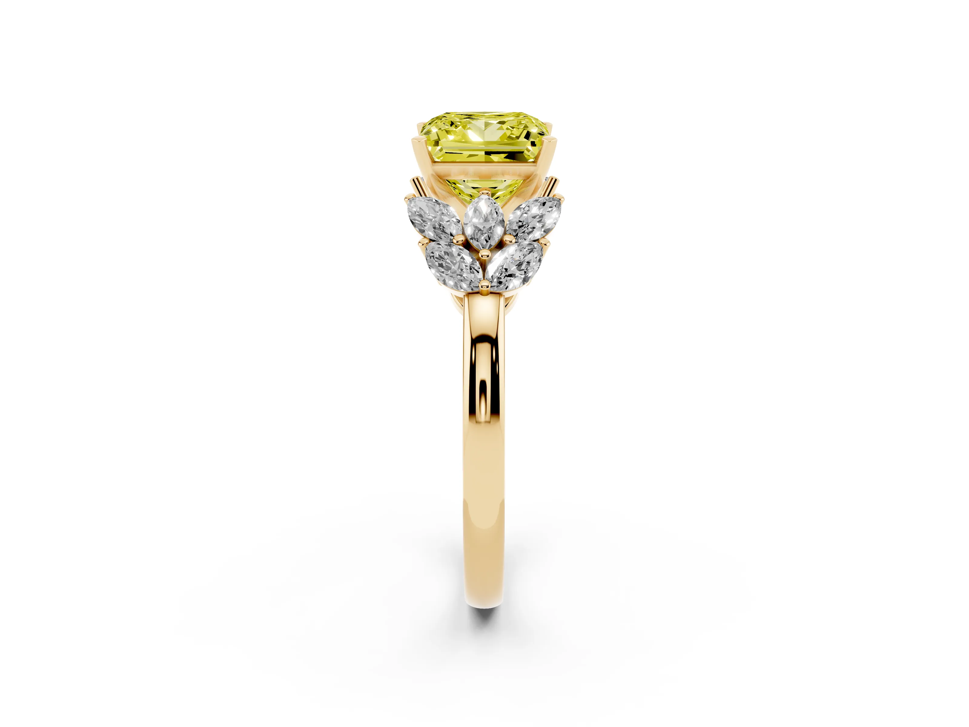 Fancy Yellow Princess Cut Diamond Cluster Leaf Design Ring Set in Yellow gold with Prong Setting