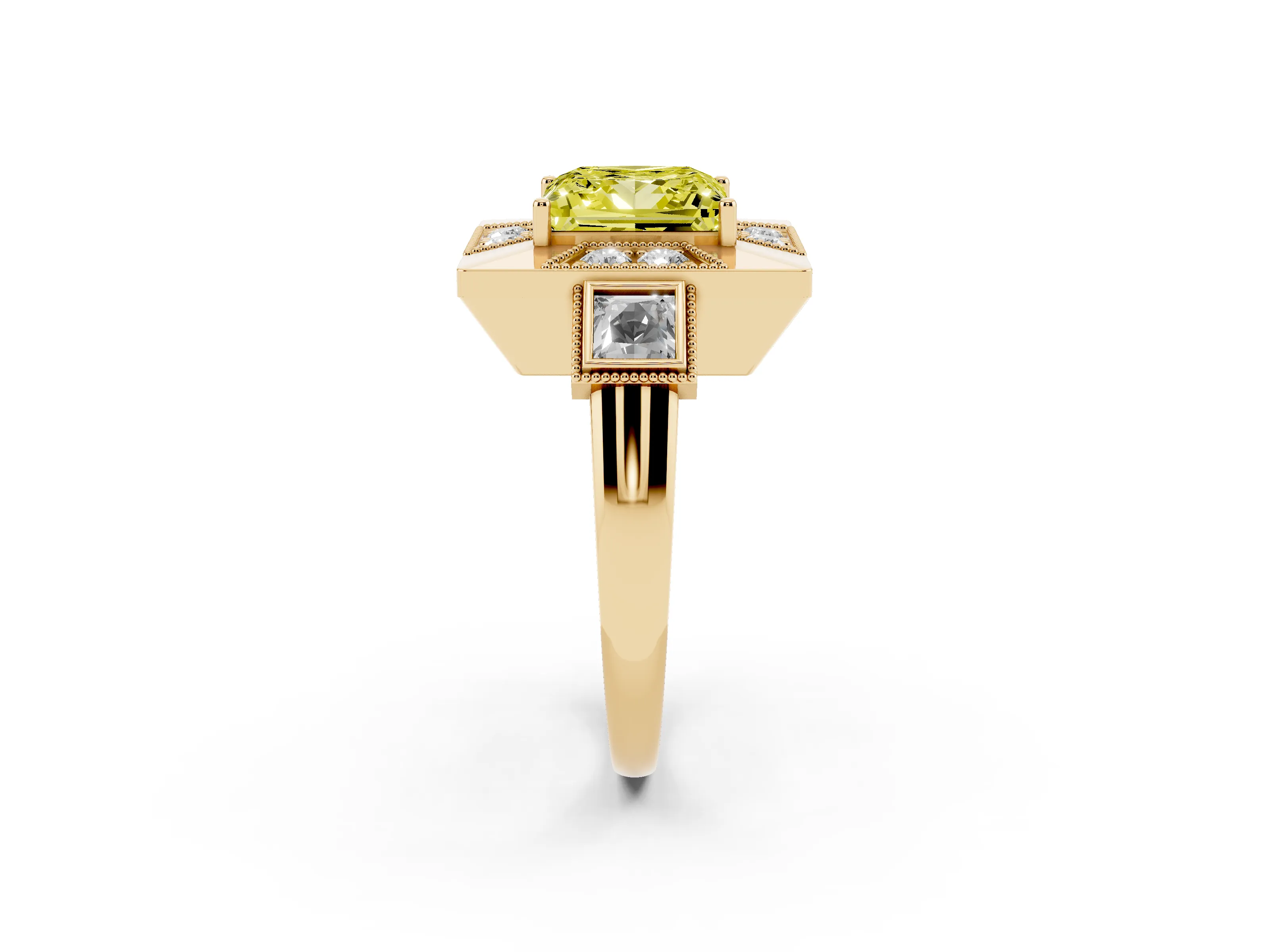 Fancy Yellow Princess Cut Diamond Milgrain Halo Ring Set in Yellow gold with Split Shank