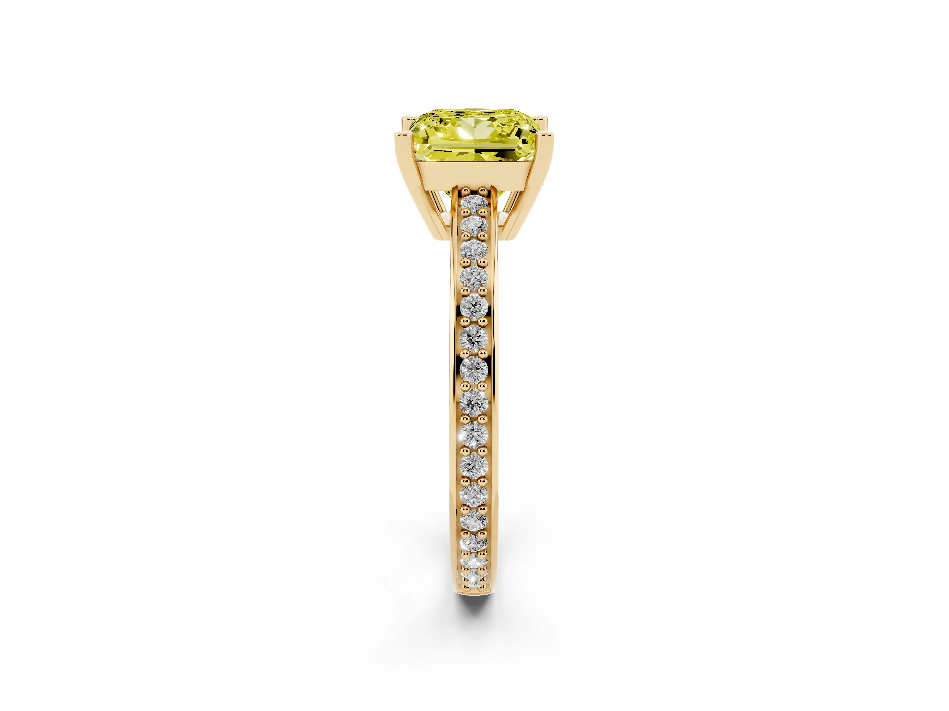 Fancy Yellow Princess Cut Diamond Pavé Band Prong Set Solitaire Ring Set in Yellow gold