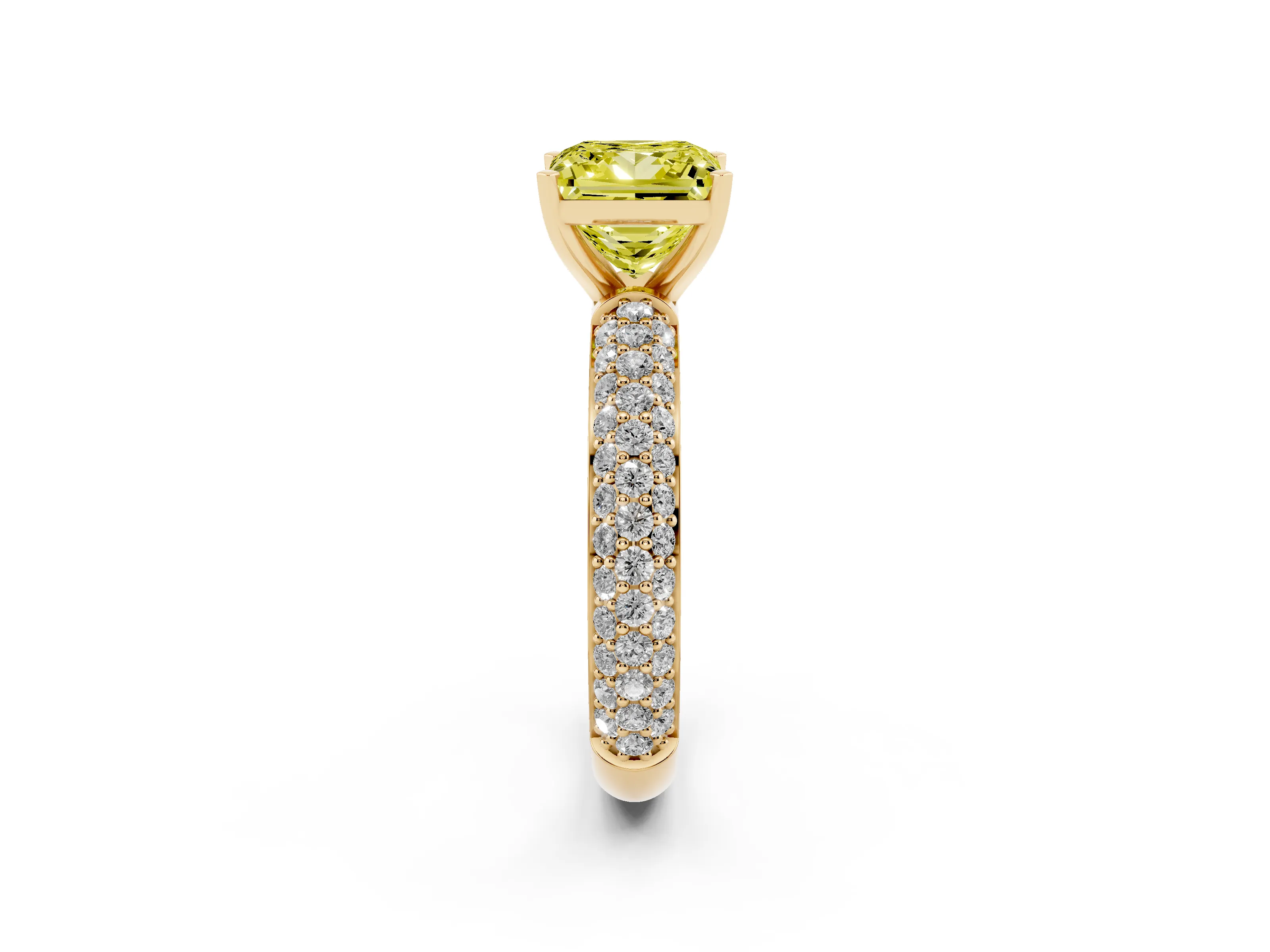 Fancy Yellow Princess Cut Diamond Solitaire Ring Set in Yellow gold with Prong Setting and Pavé-Set Band