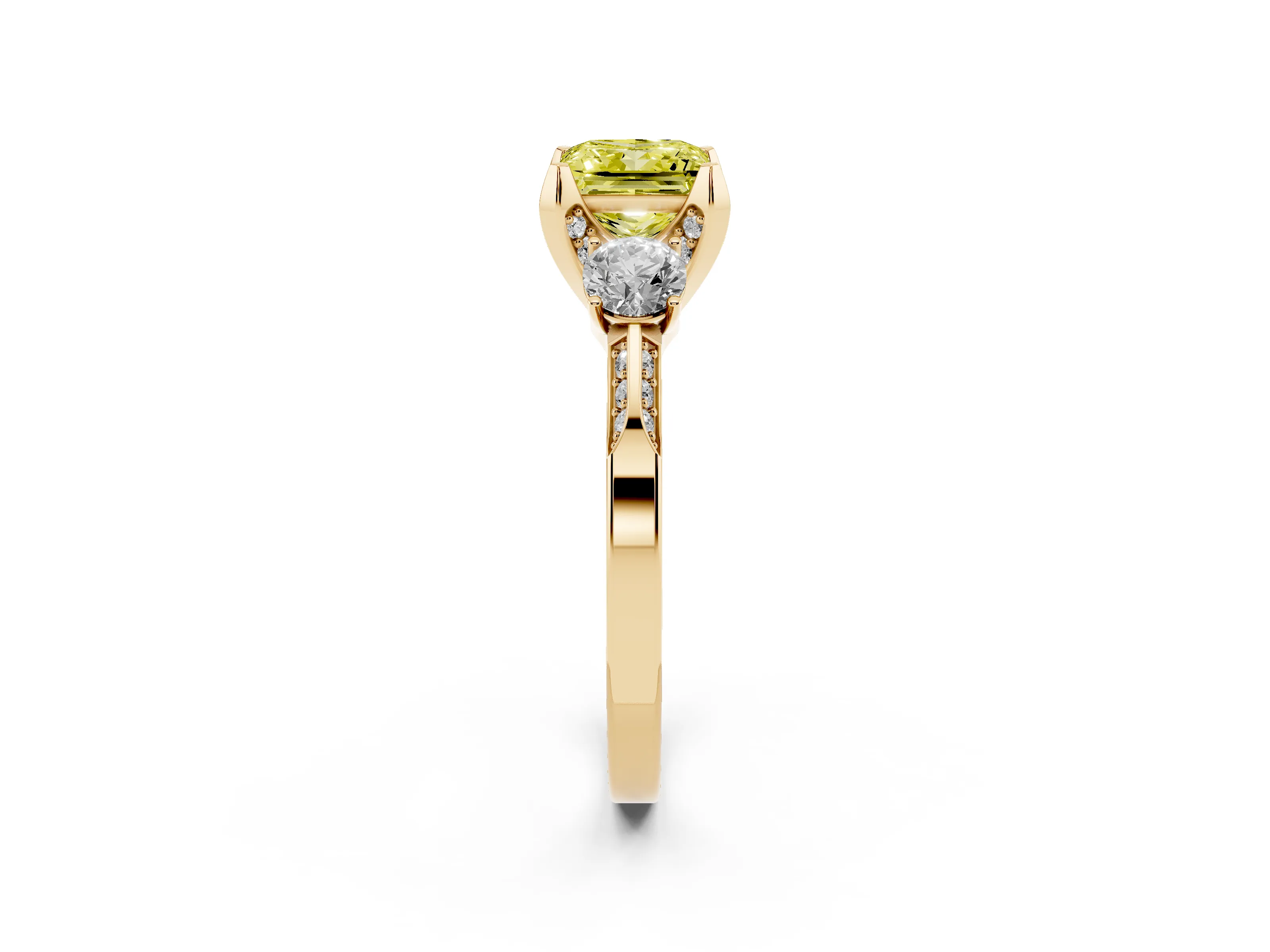 Fancy Yellow Princess Cut Diamond Three-Stone Ring Set in Yellow gold with Pavé Band and Smaller Side Stones