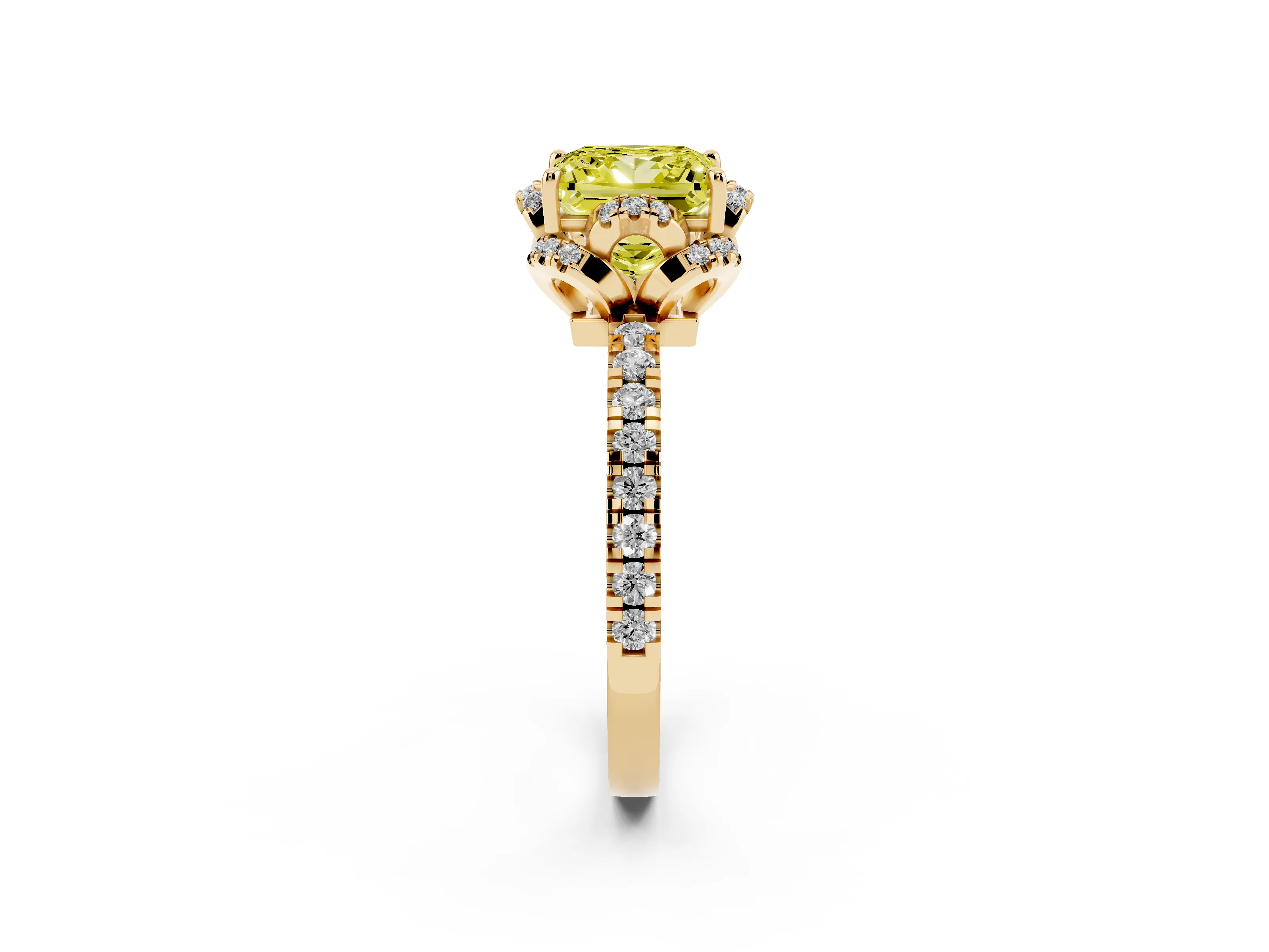 Fancy Yellow Princess Cut Diamond Halo Pavé Band Ring Set in Yellow gold with Prong-Held Center