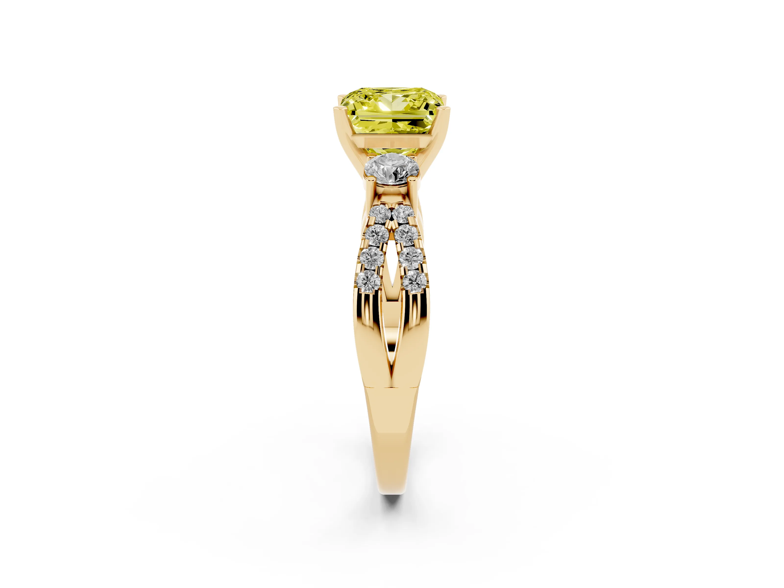 Fancy Yellow Princess Cut Diamond Three-Stone Ring Set in Yellow gold with Pavé Split Shank and Prong Setting