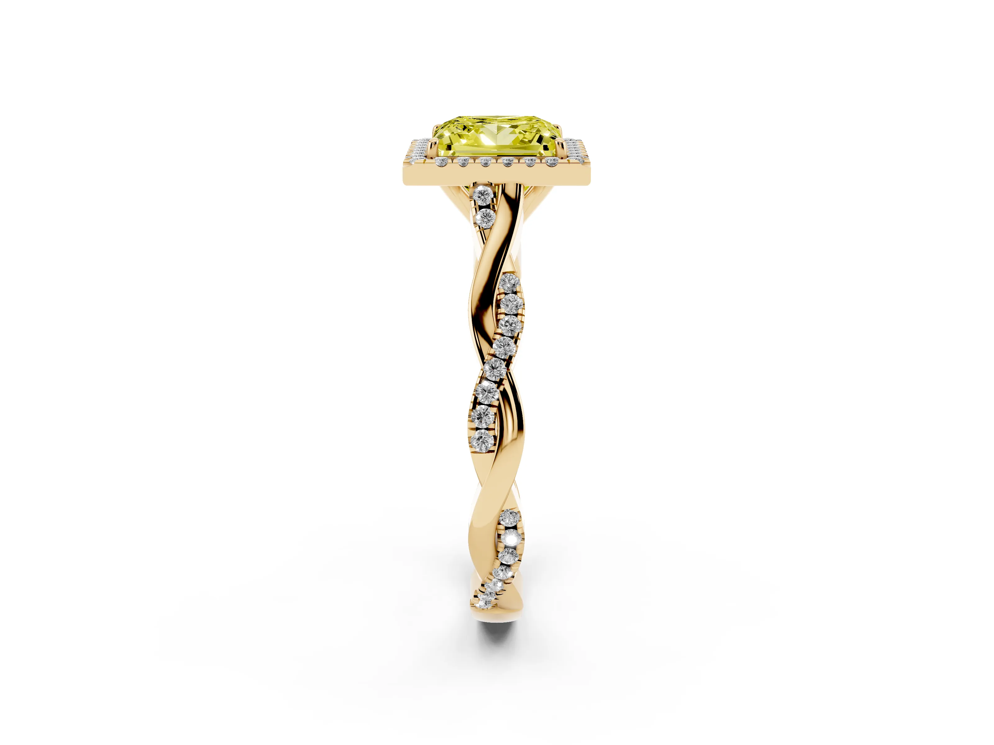 Fancy Yellow Princess Cut Diamond Halo Twist Band Solitaire Ring Set in Yellow gold with Prong Setting