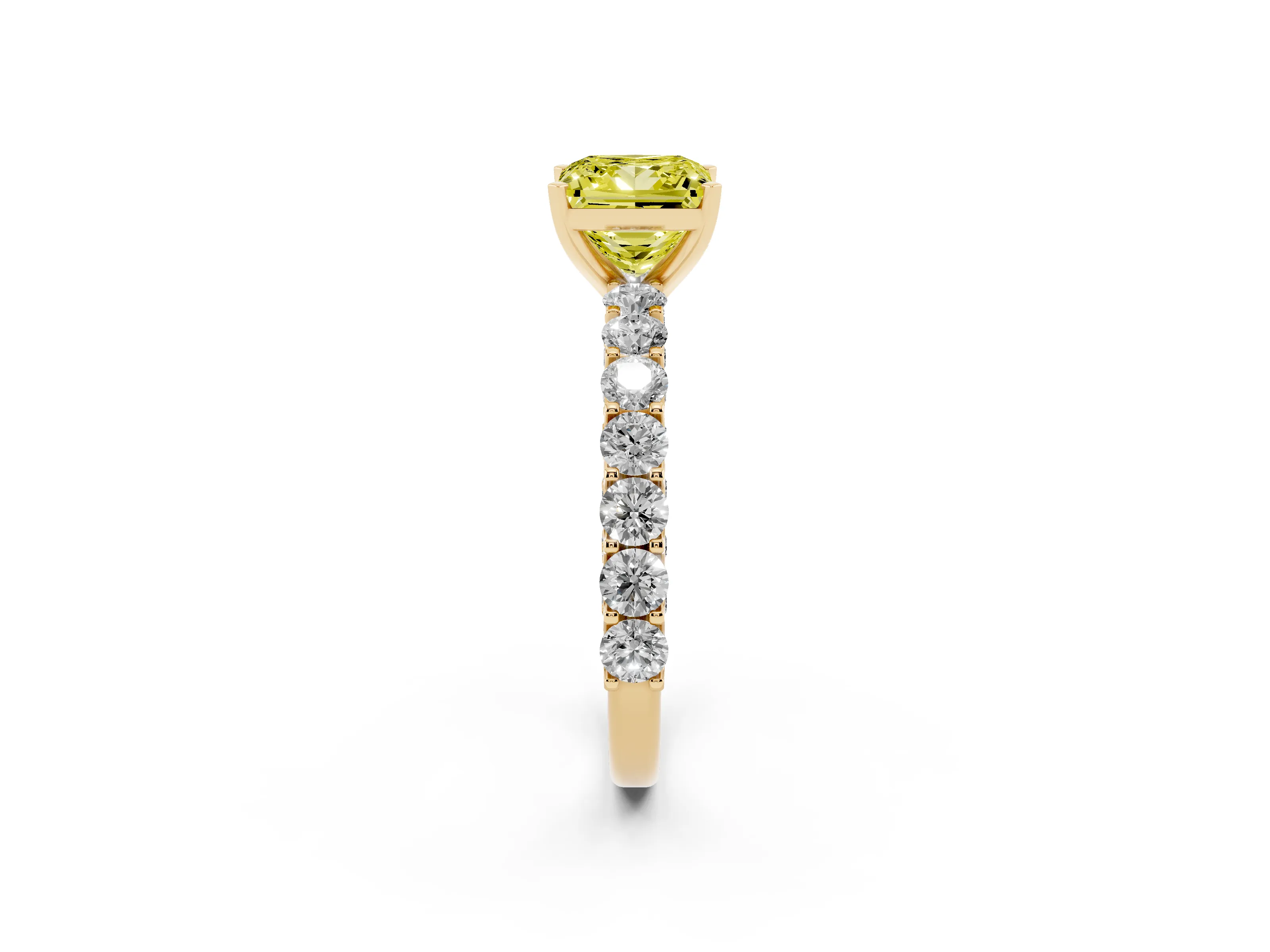 Fancy Yellow Princess Cut Diamond Solitaire Ring Set in Yellow gold with Shared Prong Pavé Band