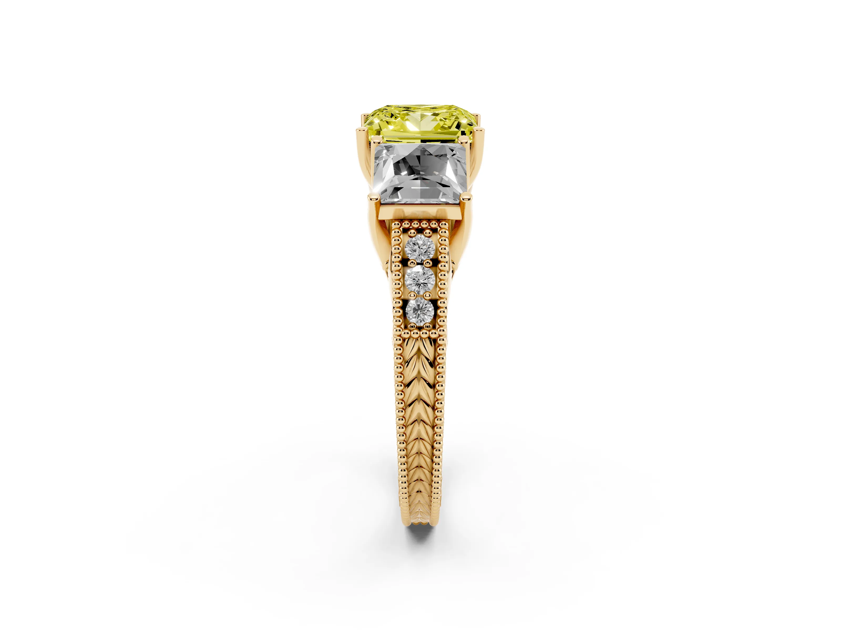 Fancy Yellow Princess Cut Diamond Three-Stone Engagement Ring Set in Yellow gold with Milgrain Pavé Band