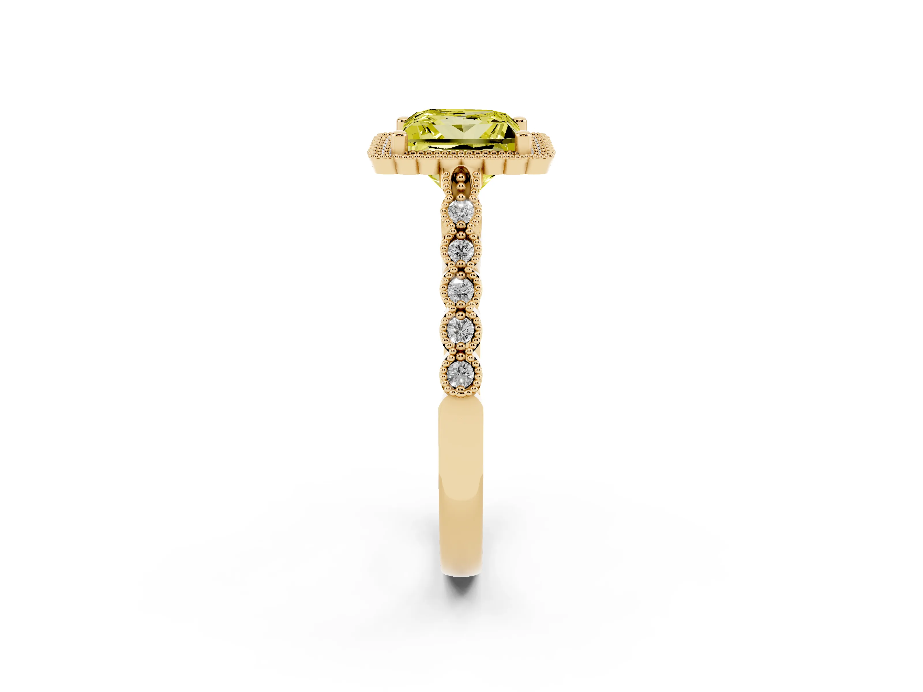 Fancy Yellow Princess Cut Diamond Halo Ring Set in Yellow gold with Pavé Milgrain Band