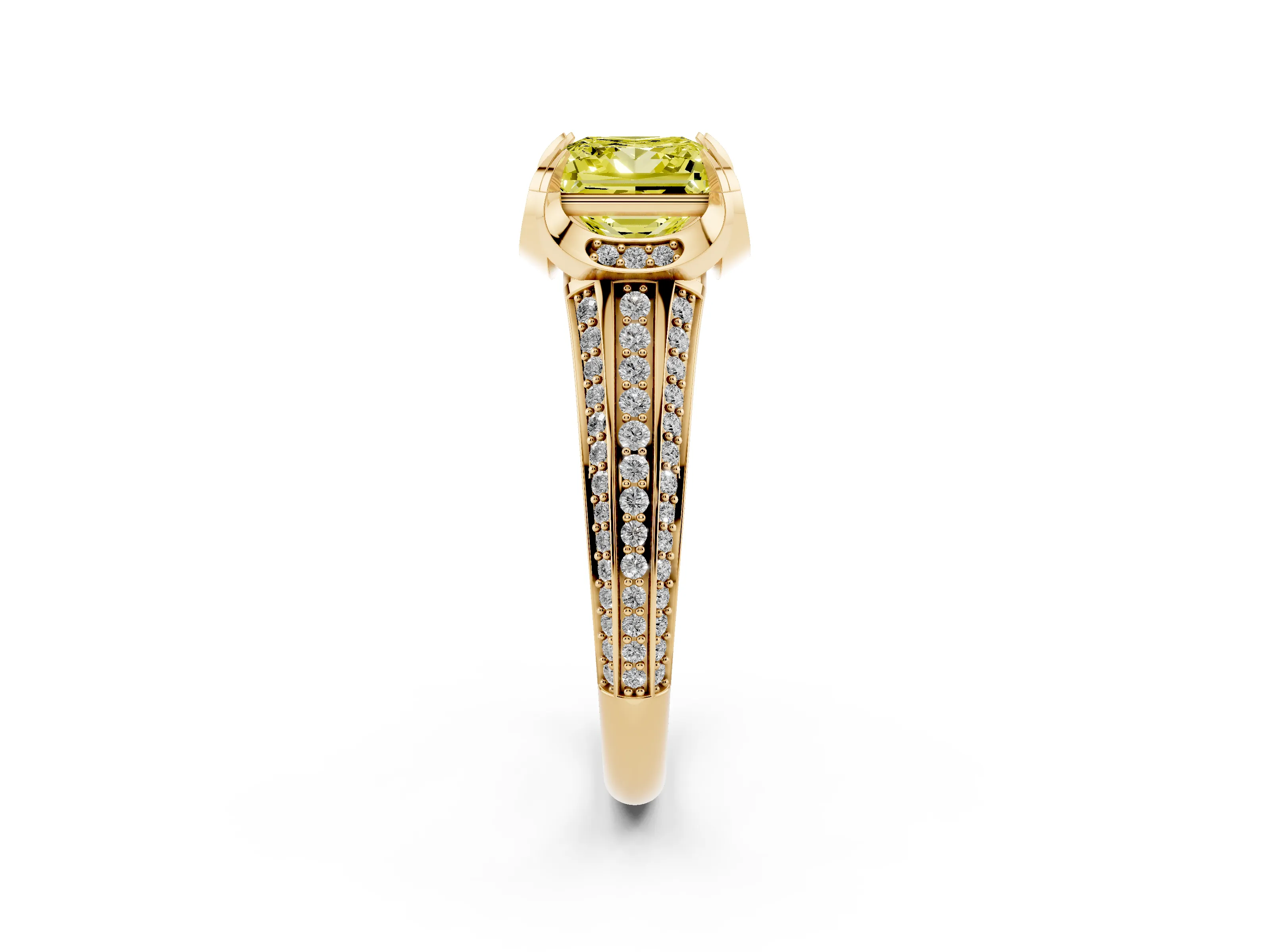Fancy Yellow Princess Cut Diamond Pavé Split Shank Solitaire Ring Set in Yellow gold with Prong Setting