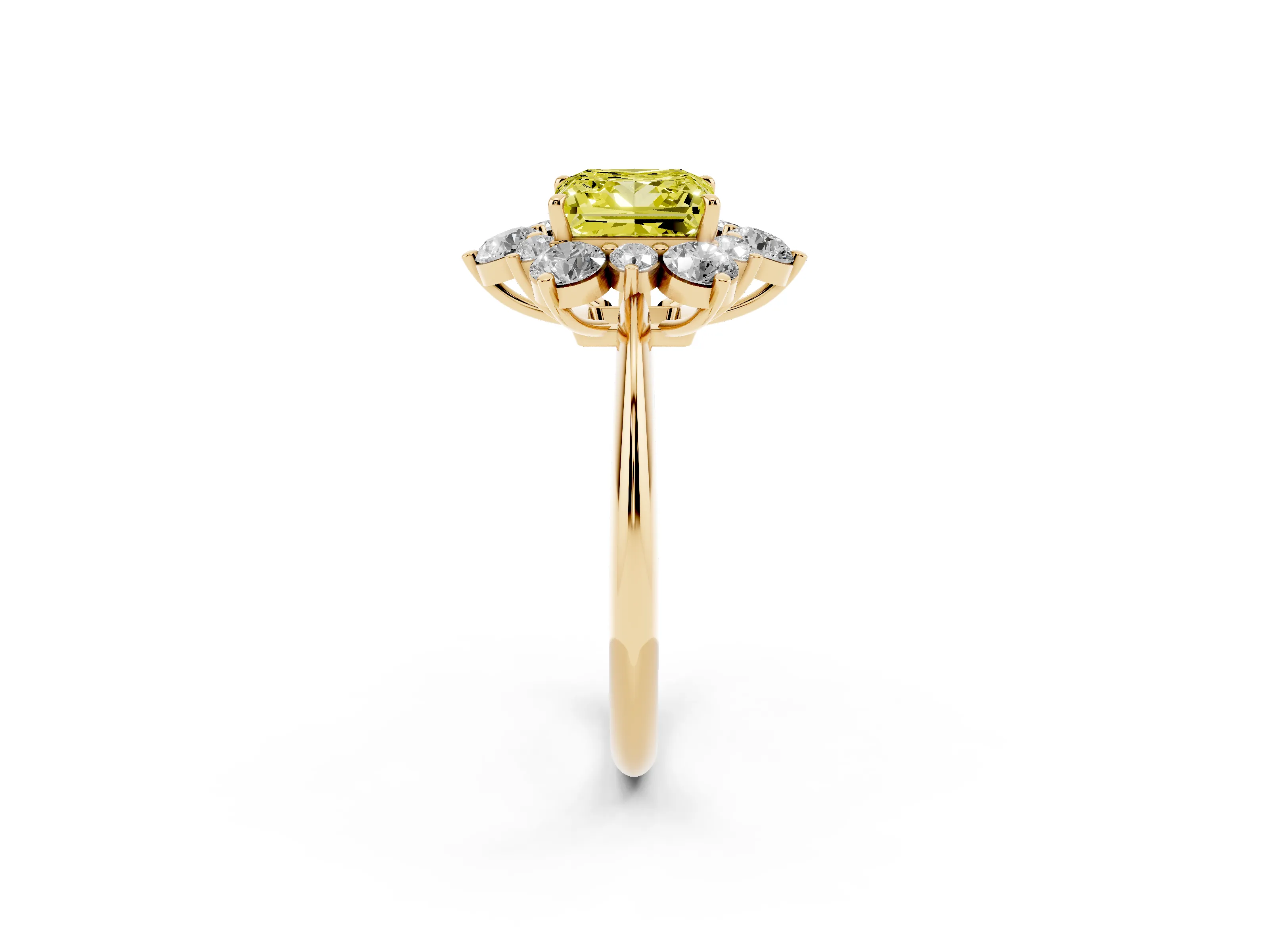 Fancy Yellow Princess Cut Diamond Cluster Halo Ring Set in Yellow gold with Solitaire Band and Prong Setting