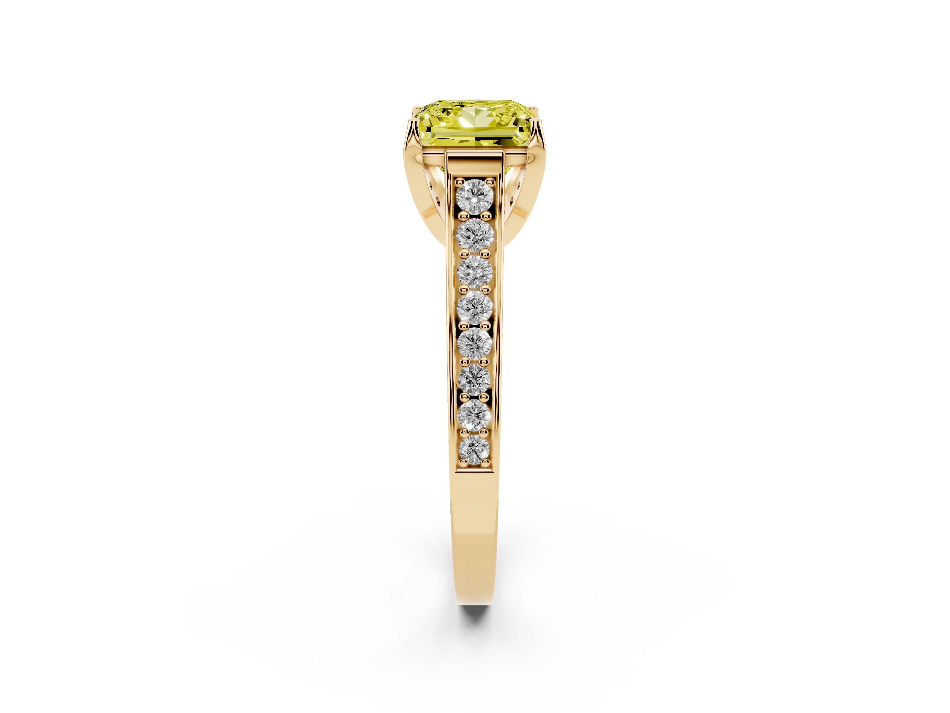 Fancy Yellow Princess Cut Diamond Solitaire Pavé Engagement Ring Set in Yellow gold with Prong Setting