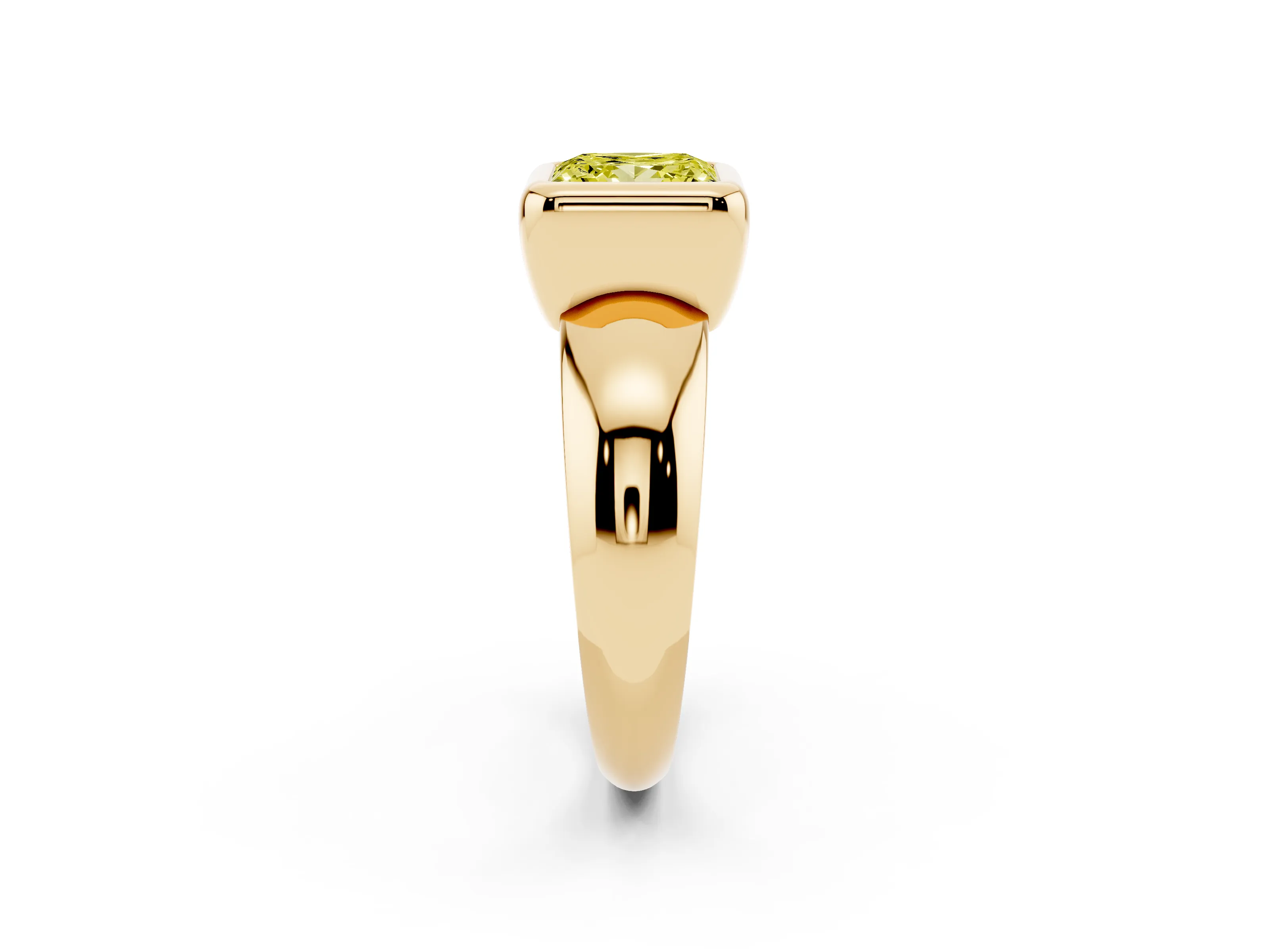 Fancy Yellow Bezel Set Princess Cut Diamond Solitaire Ring Set in Yellow gold with Wide Band