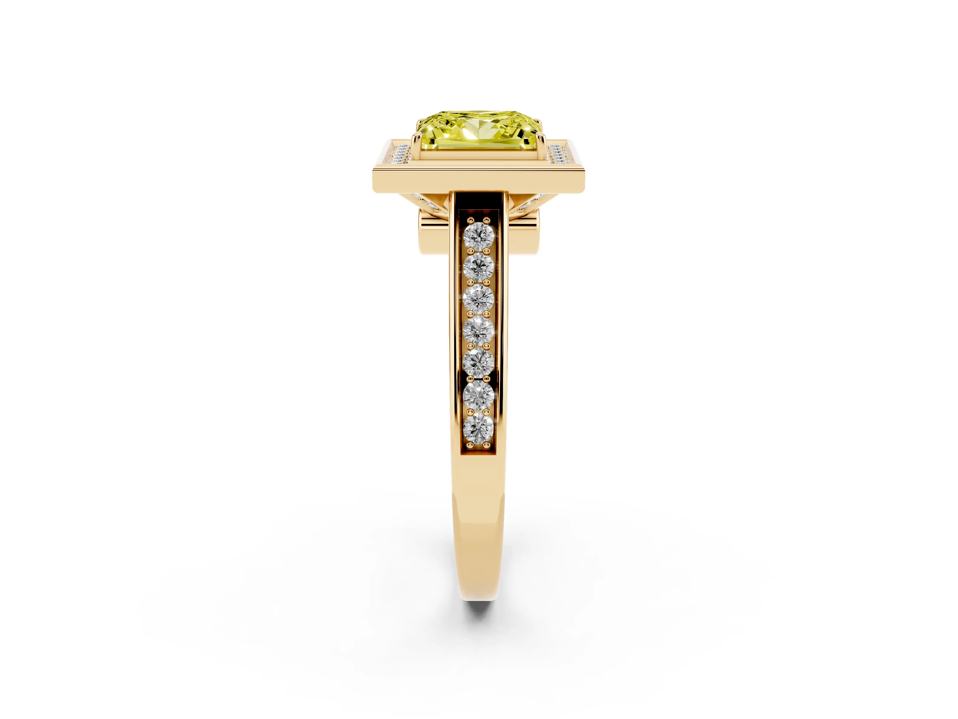 Fancy Yellow Princess Cut Diamond Halo Solitaire Ring Set in Yellow gold with Pavé Band and Bezel Setting