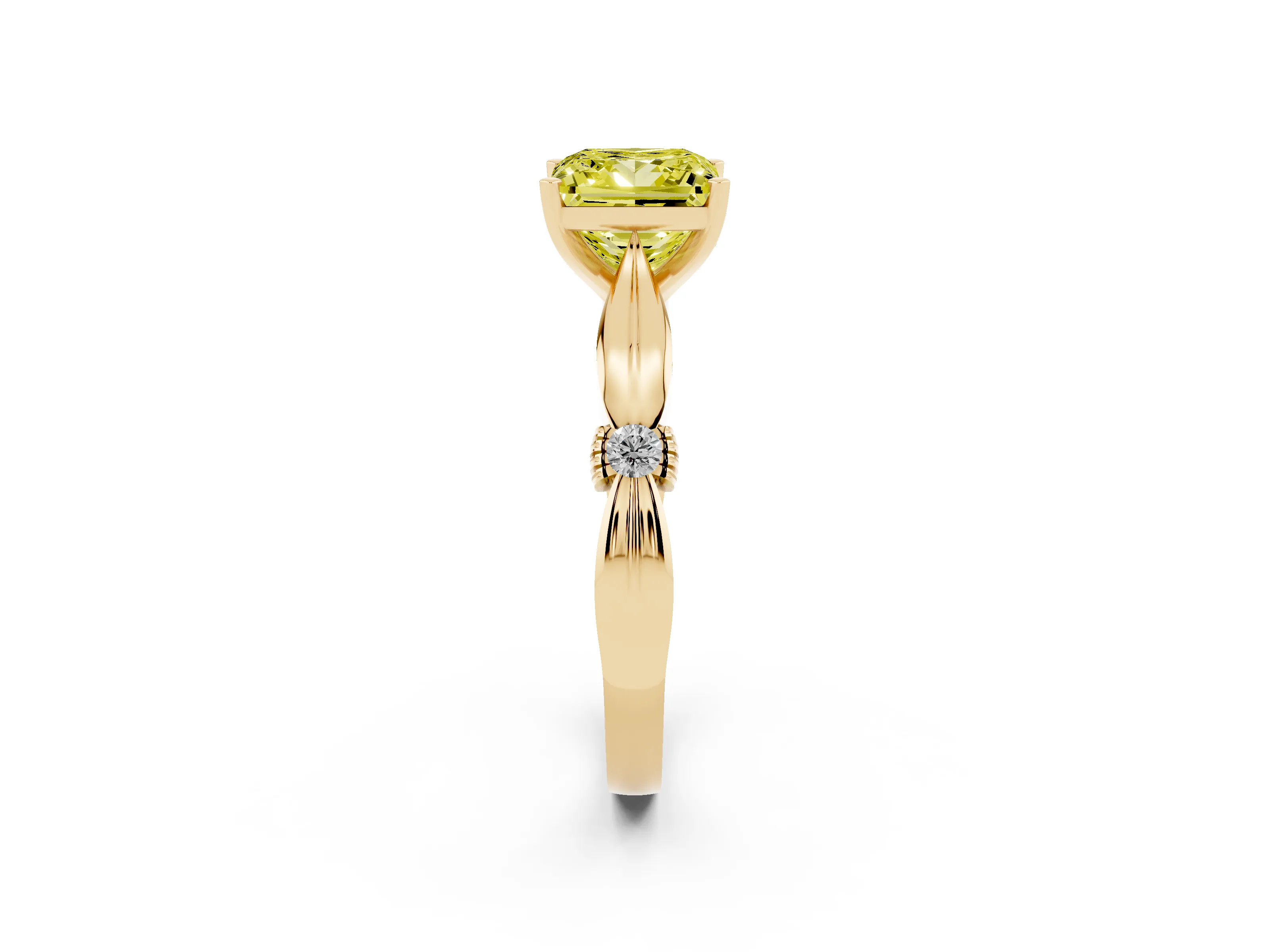 Fancy Yellow Princess Cut Diamond Solitaire Twisted Band Ring Set in Yellow gold with Accent Stones and Prong Setting
