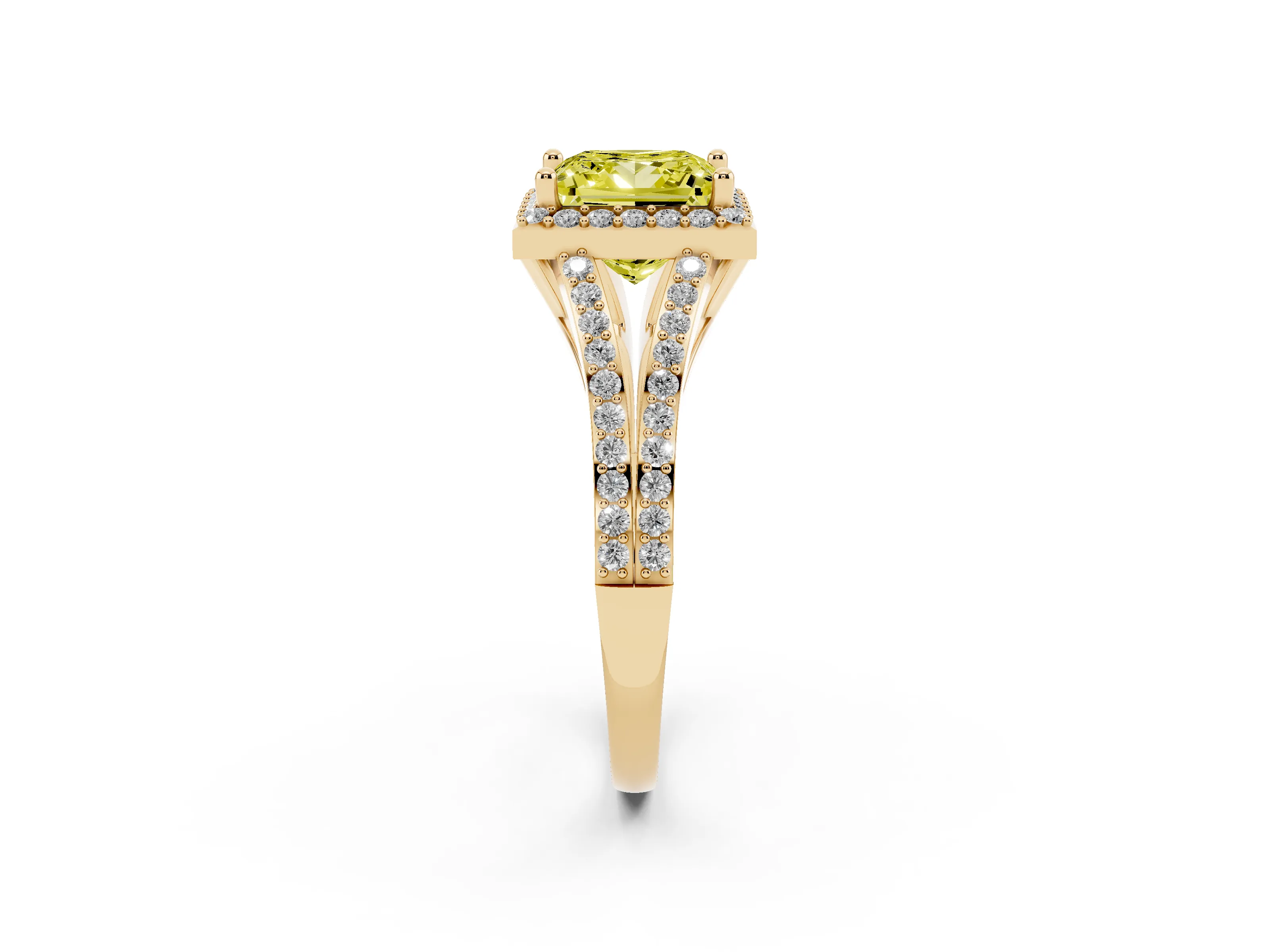 Fancy Yellow Princess Cut Diamond Halo Split Shank Pavé Ring Set in Yellow gold with Prong Setting