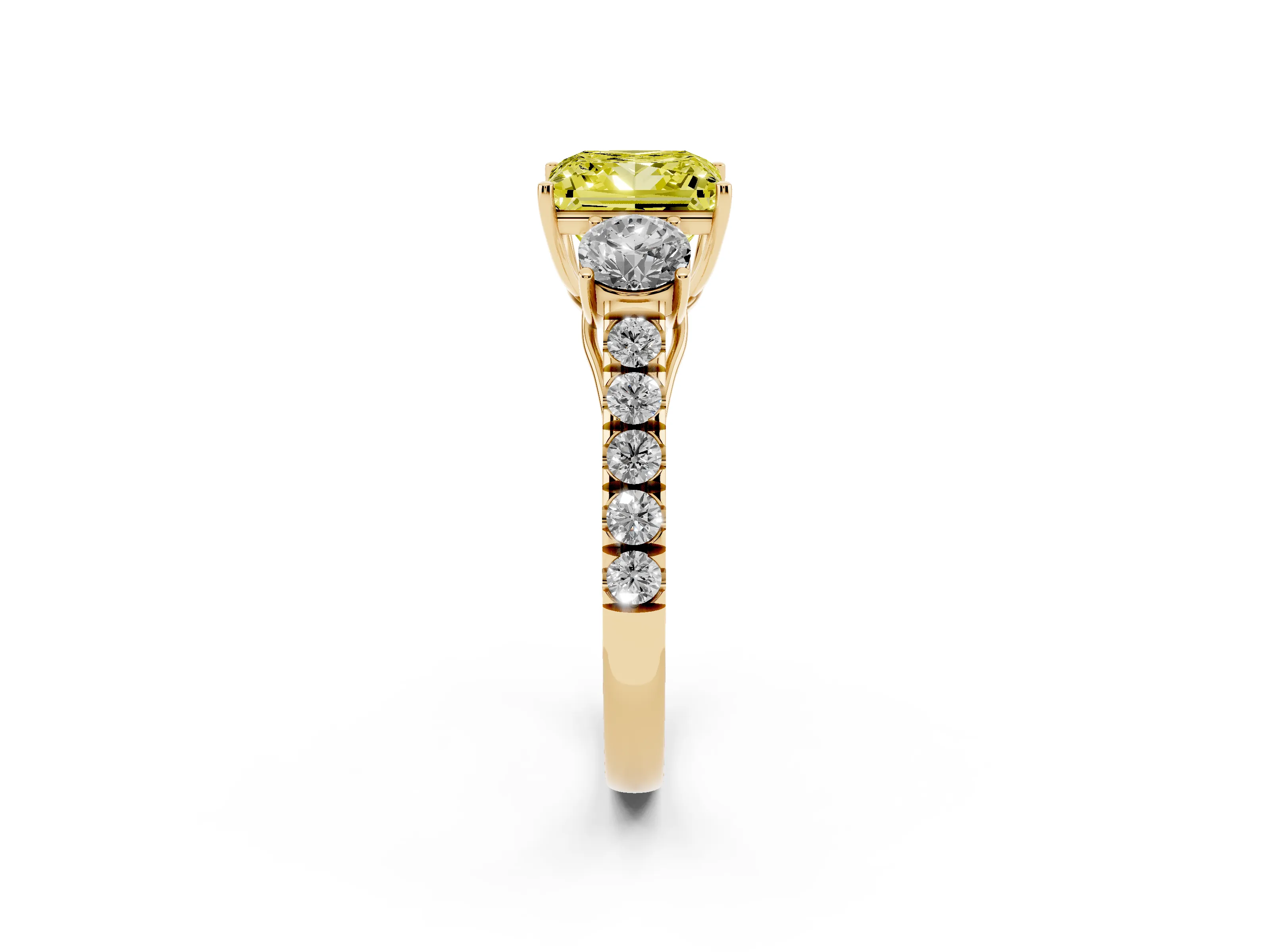 Fancy Yellow Princess Cut Diamond Three-Stone Ring Set in Yellow gold with Round Side Stones and Delicate Pavé Band