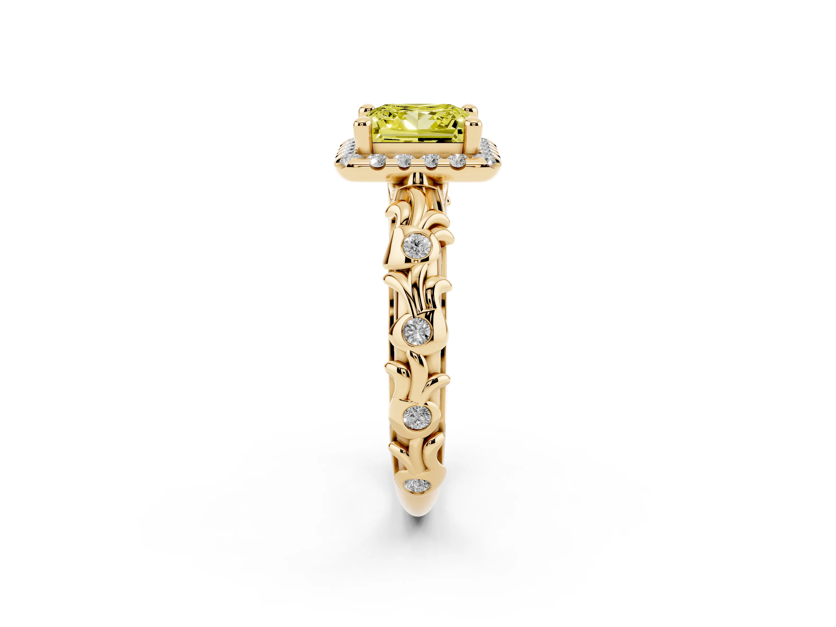 Fancy Yellow Princess Cut Diamond Halo Ring Set in Yellow gold with Filigree Leaf Band and Prong Setting