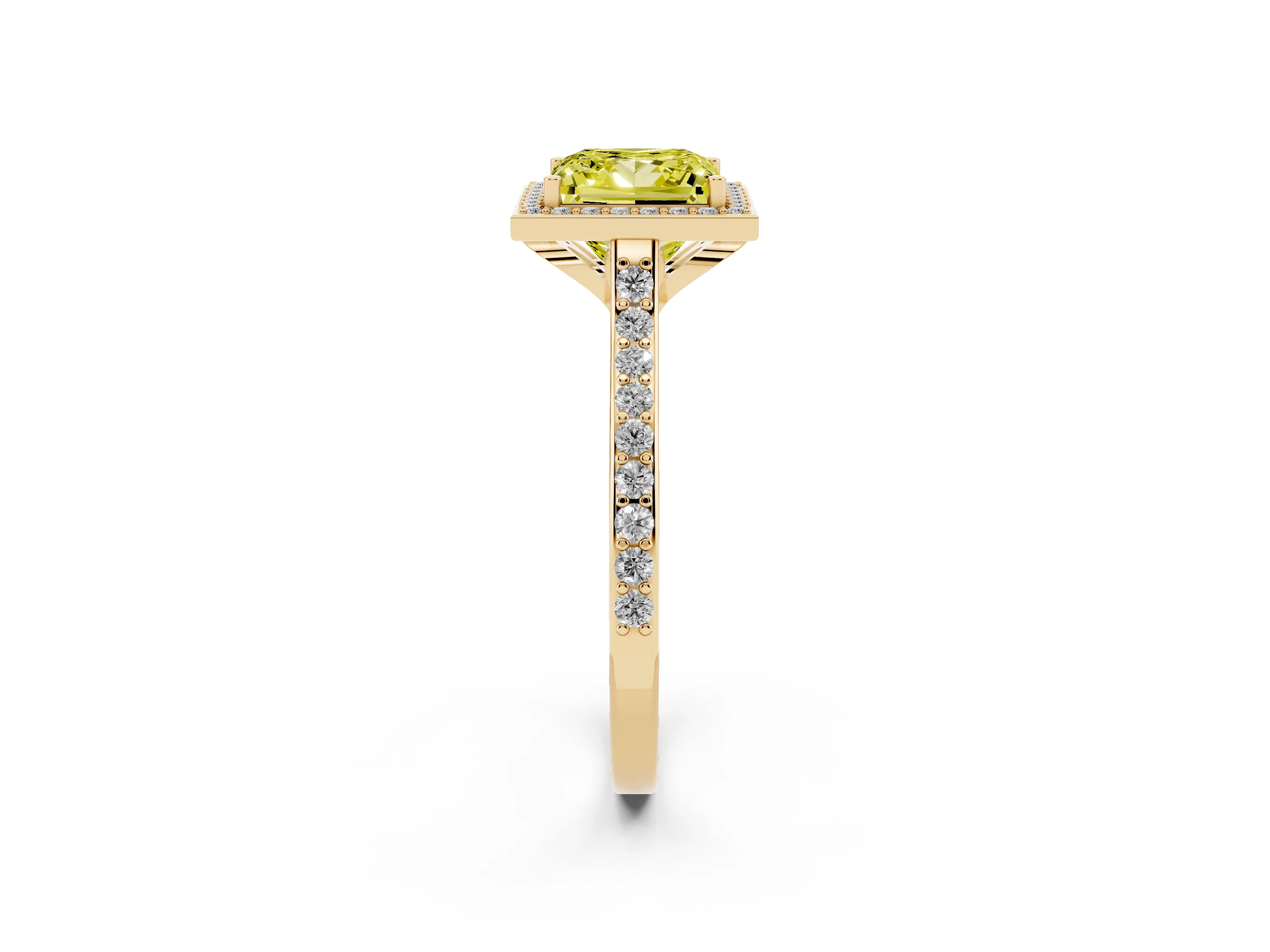 Fancy Yellow Princess Cut Diamond Halo Engagement Ring Set in Yellow gold with Round Pavé Shoulders and Heart Gallery