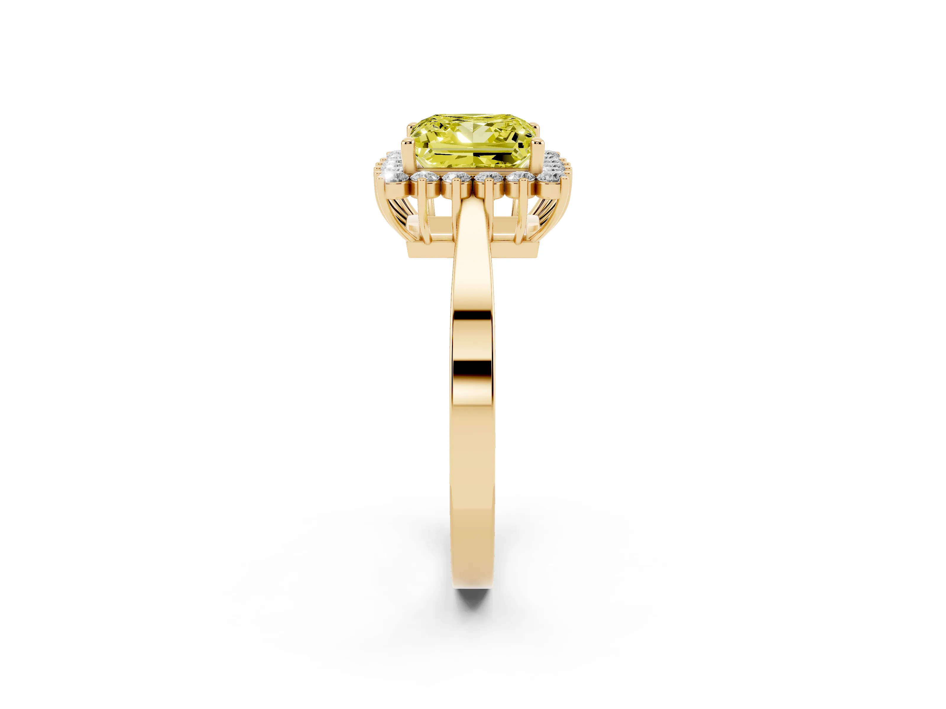 Fancy Yellow Princess Cut Diamond Halo Ring Set in Yellow gold with Round Halo and Smooth Solitaire Band