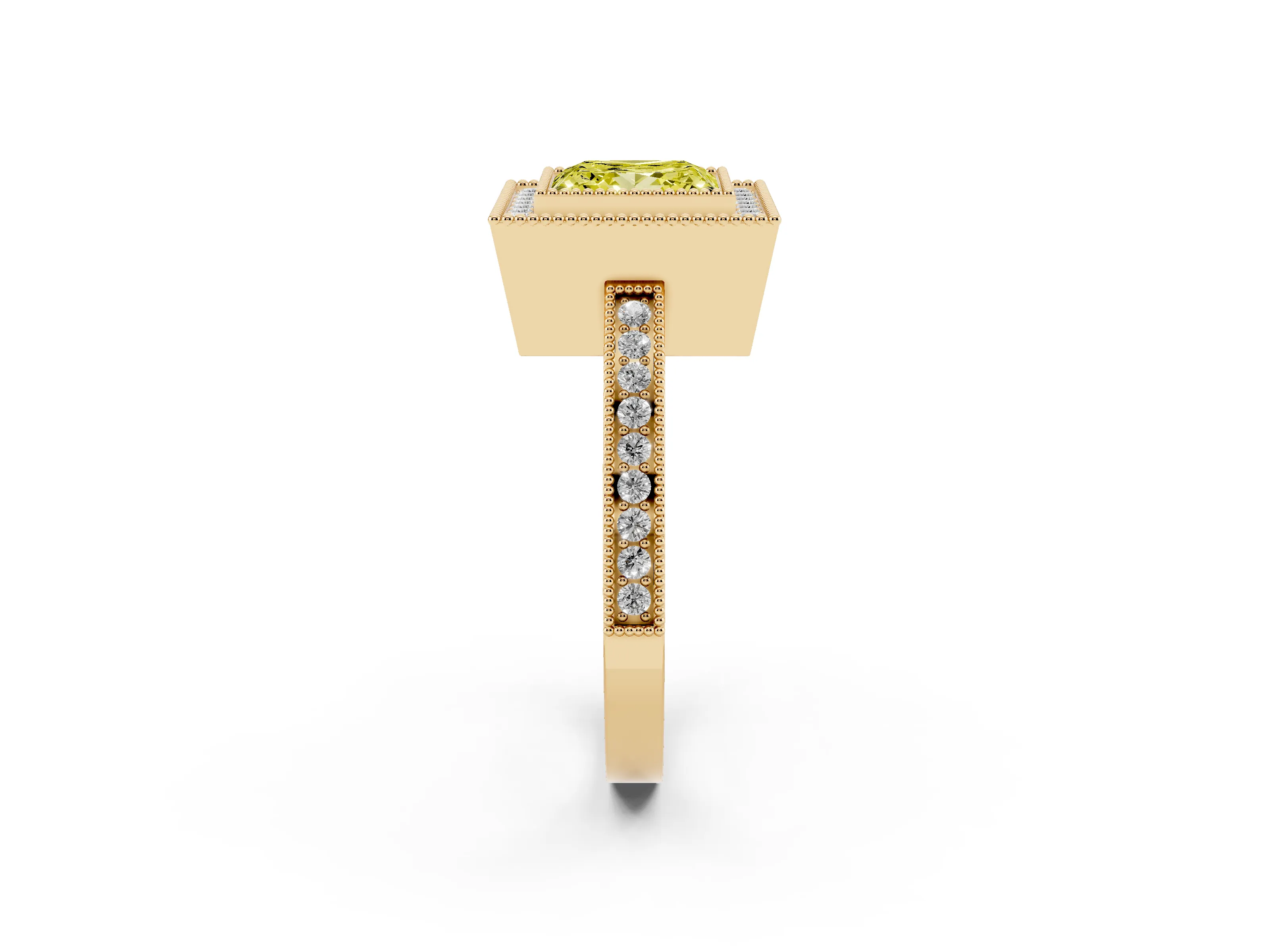 Fancy Yellow Princess Cut Diamond Halo Ring Set in Yellow gold with Pavé Band and Milgrain-Edged Prongs