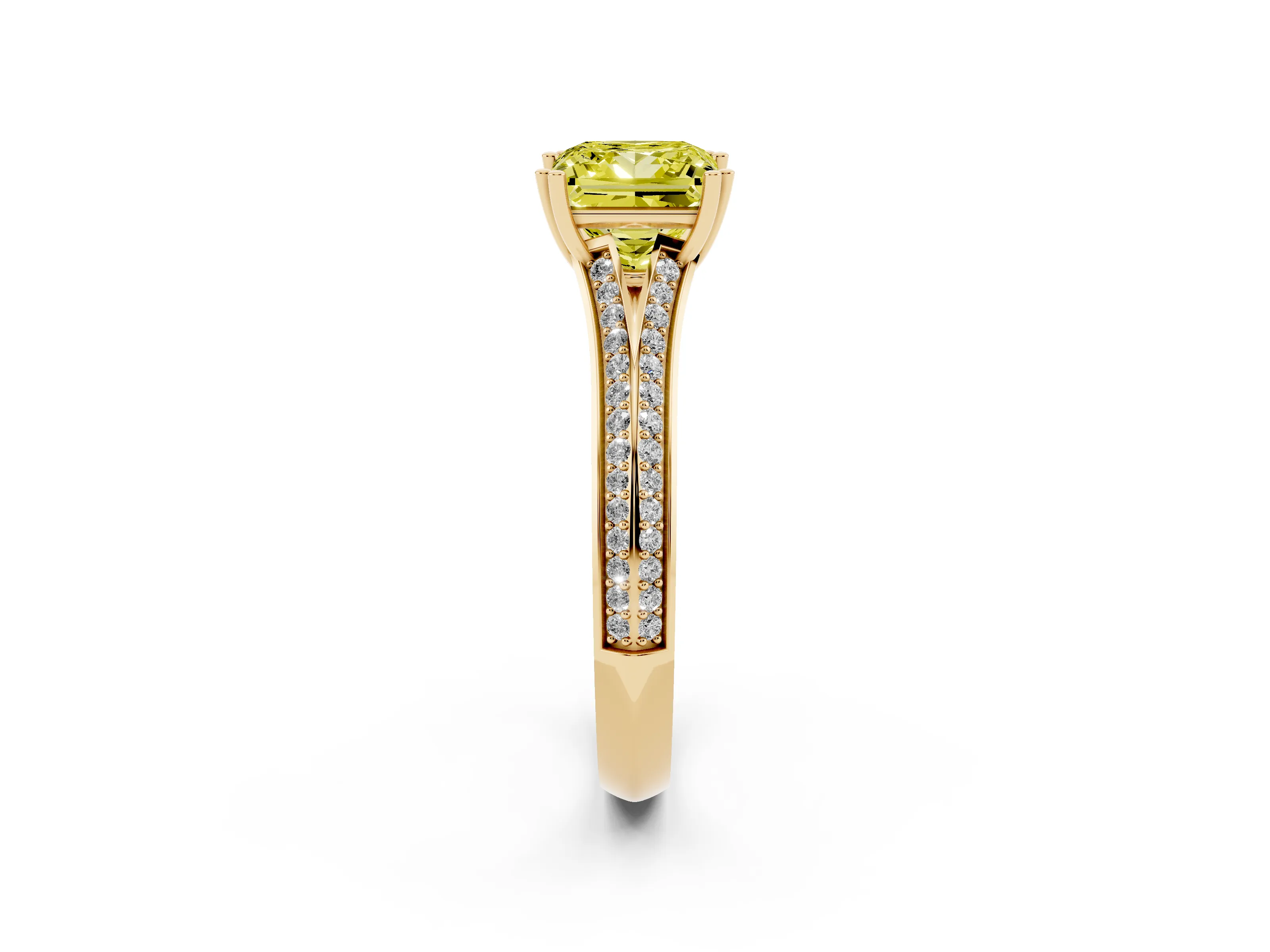 Fancy Yellow Princess Cut Diamond Split Shank Pavé Engagement Ring Set in Yellow gold with Prong-Set Center Stone