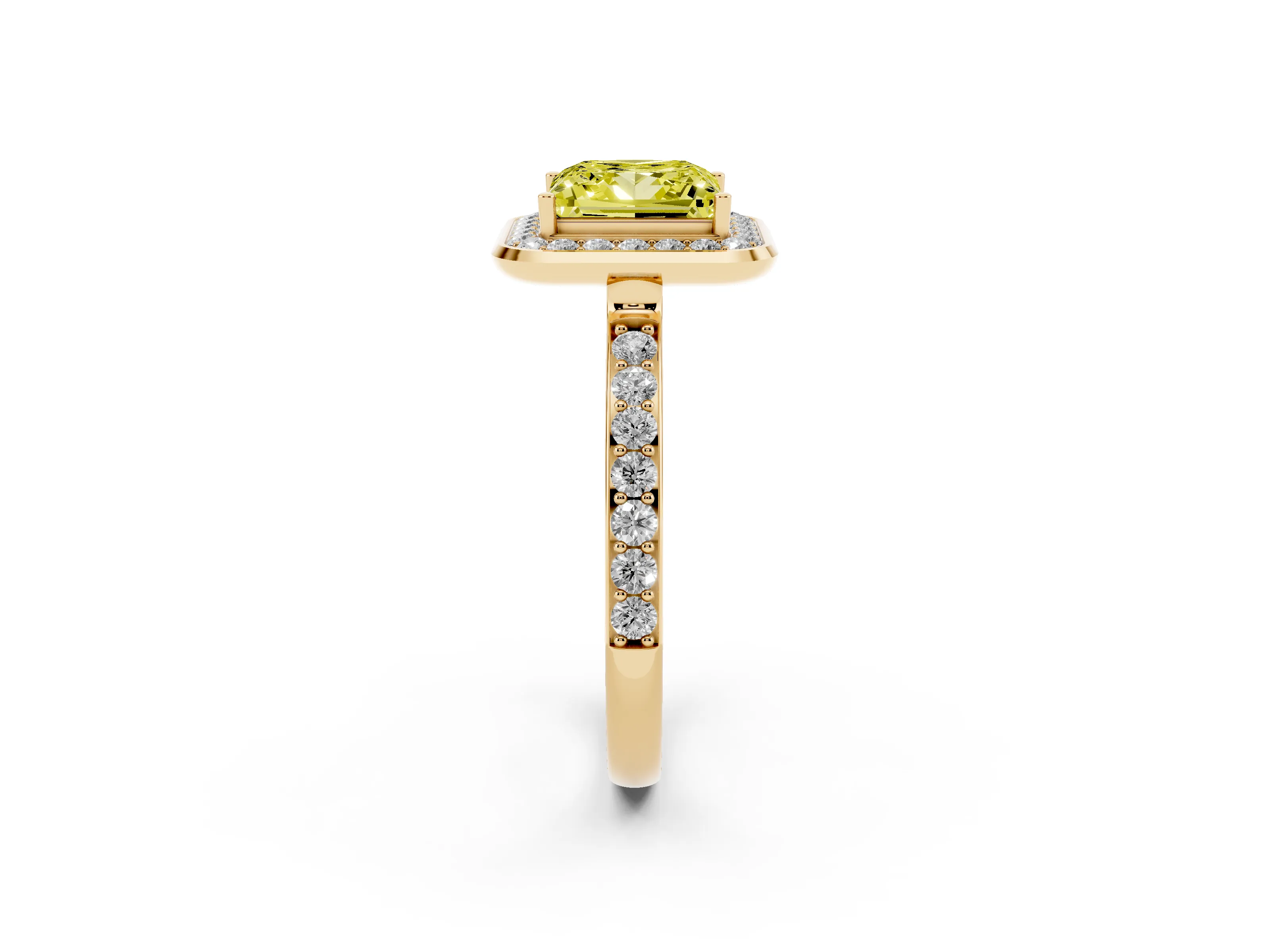 Fancy Yellow Princess Cut Diamond Halo Ring Set in Yellow gold with Bezel Frame and Pavé Band