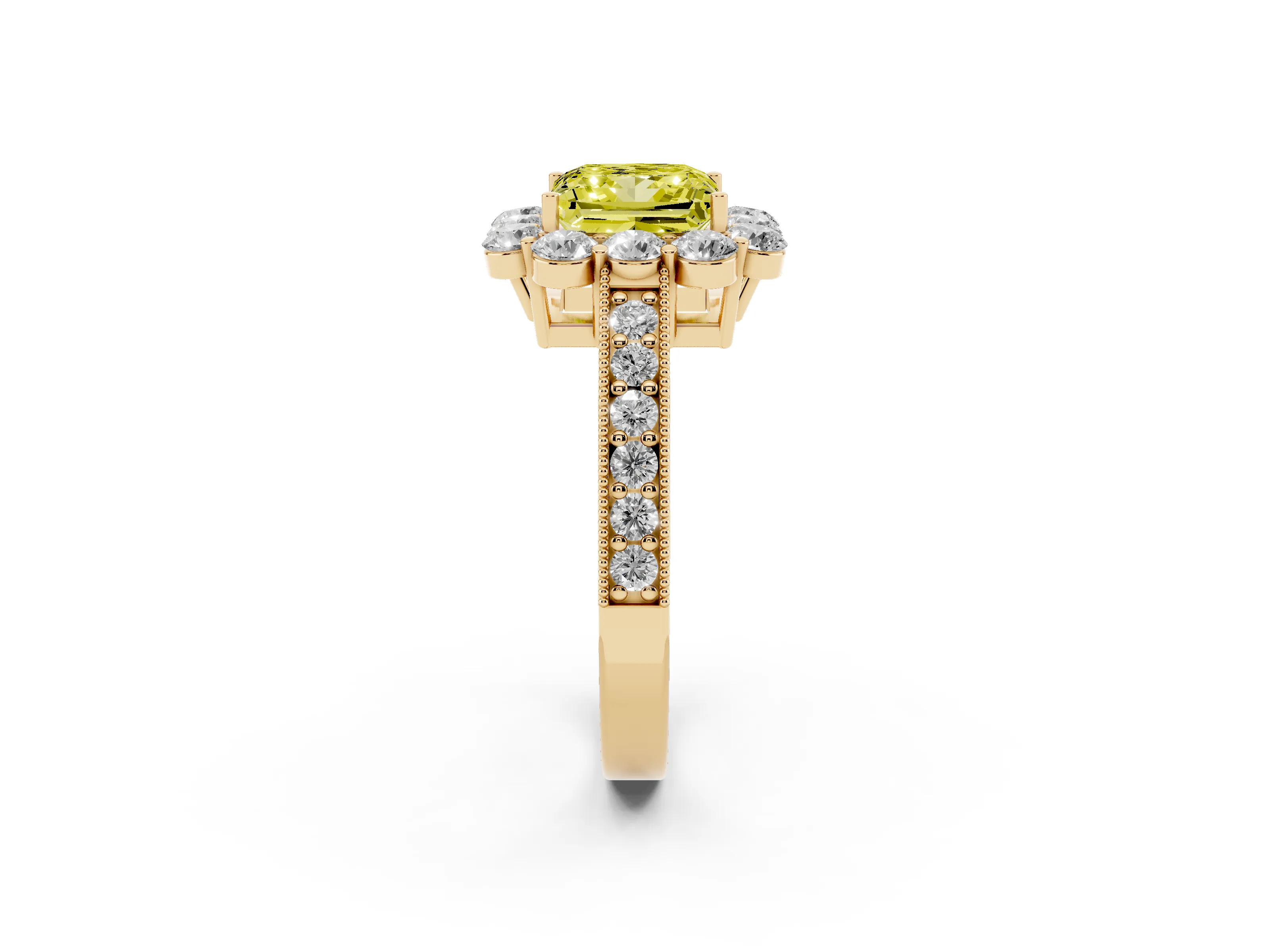 Fancy Yellow Princess Cut Diamond Halo Pavé Engagement Ring Set in Yellow gold with Milgrain Detailing