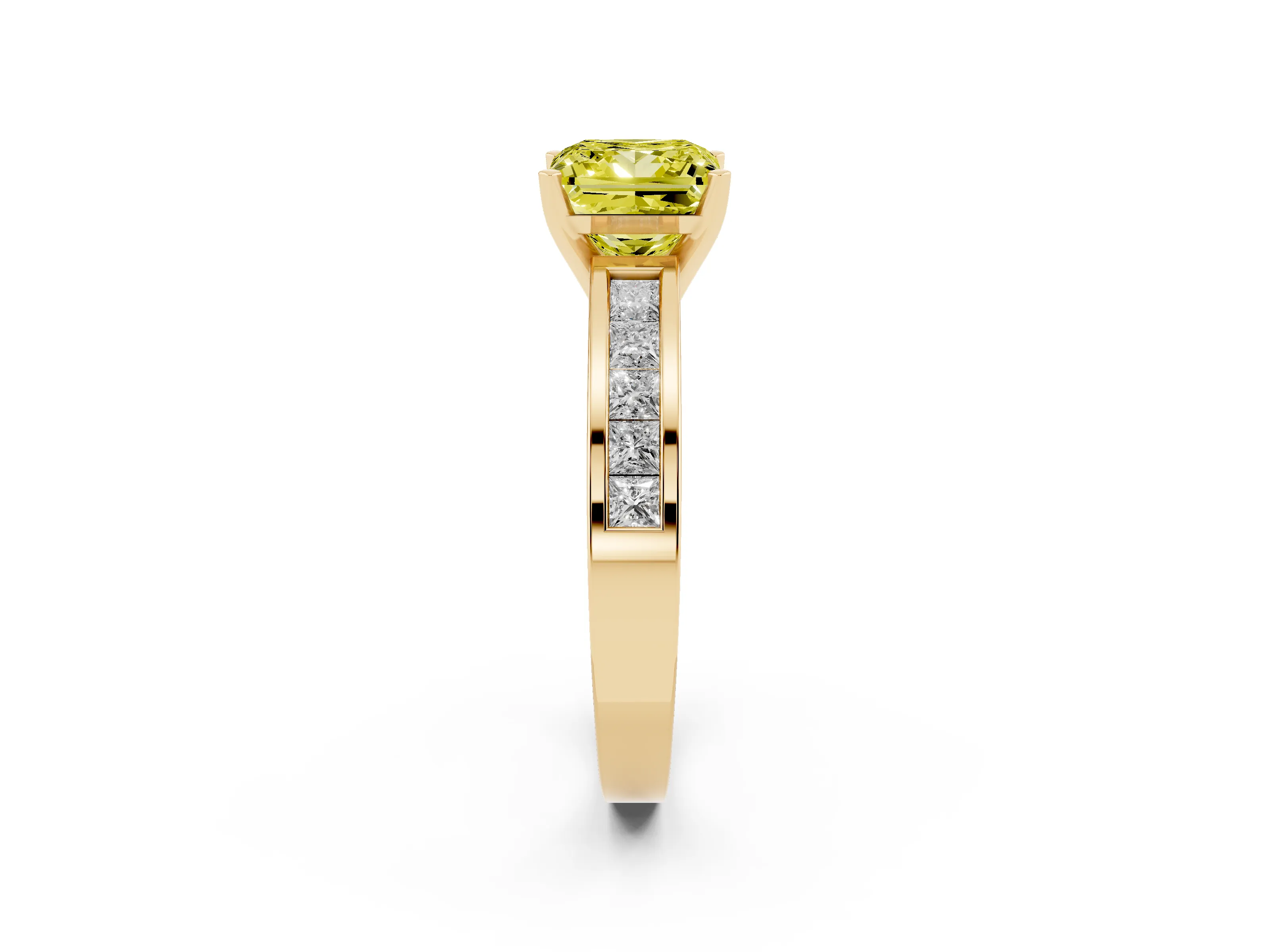 Fancy Yellow Princess Cut Diamond Solitaire Ring Set in Yellow gold with Channel-Set Band and Prong Setting