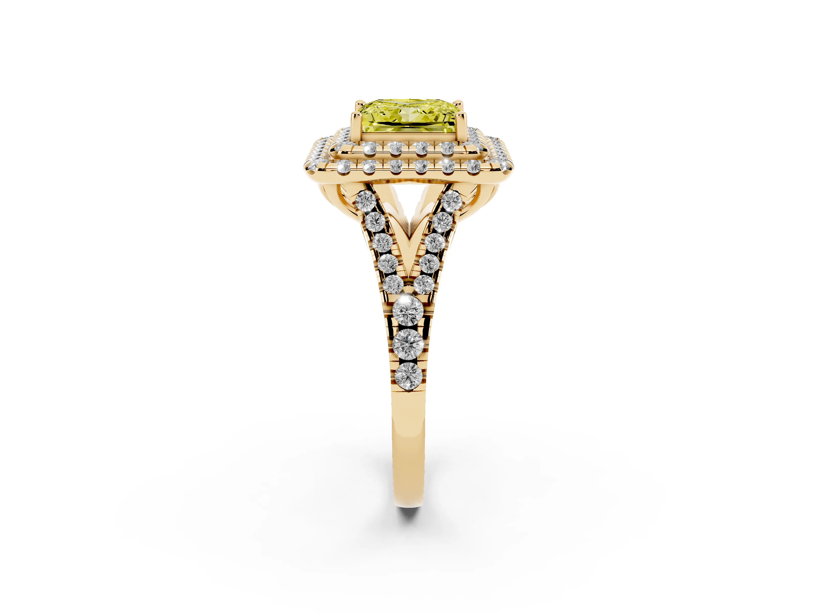 Fancy Yellow Princess Cut Diamond Double Halo Ring Set in Yellow gold with Pavé Split Shank and Prong Setting