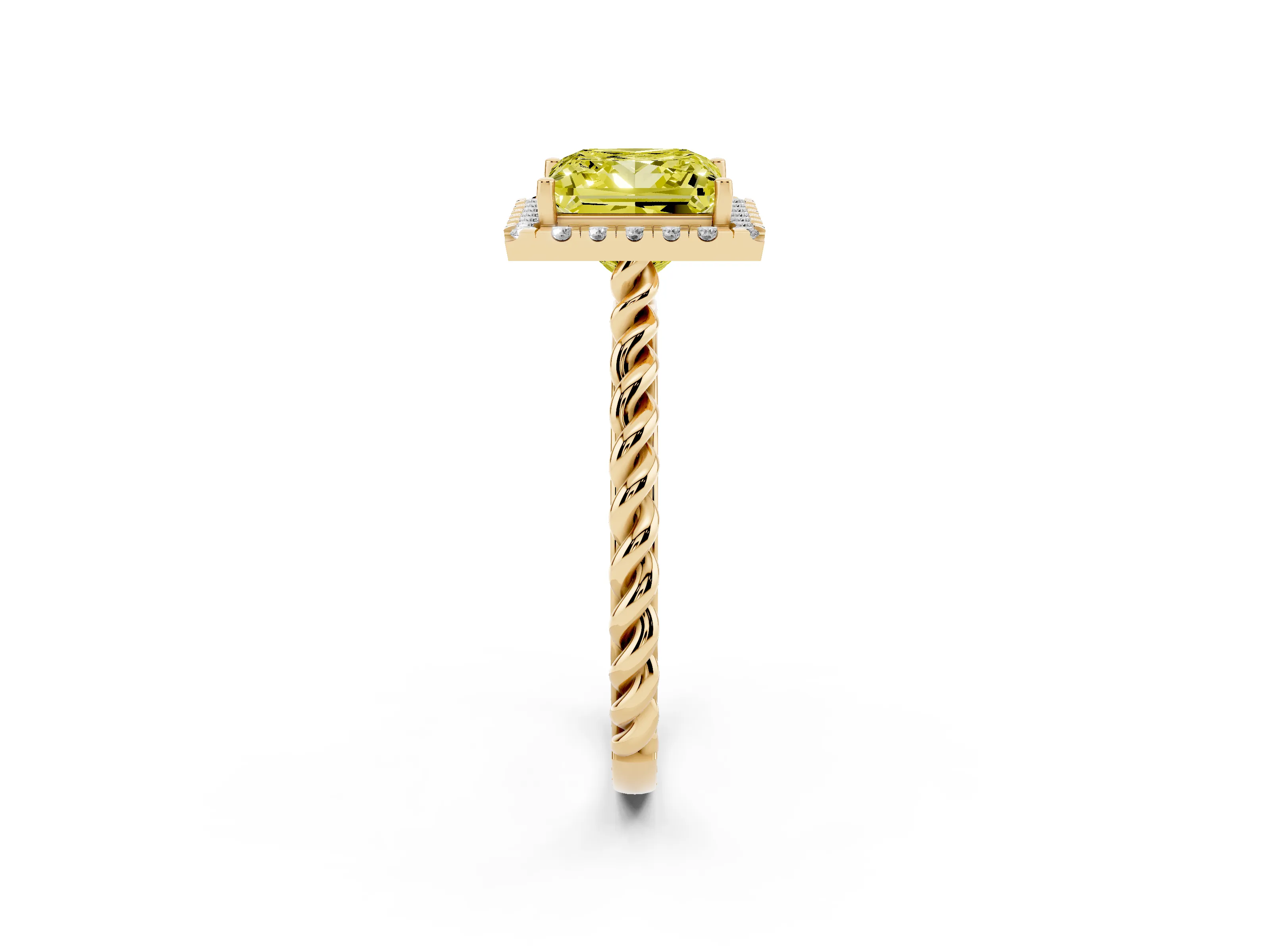 Fancy Yellow Princess Cut Diamond Halo Ring Set in Yellow gold with Plain Twisted Band