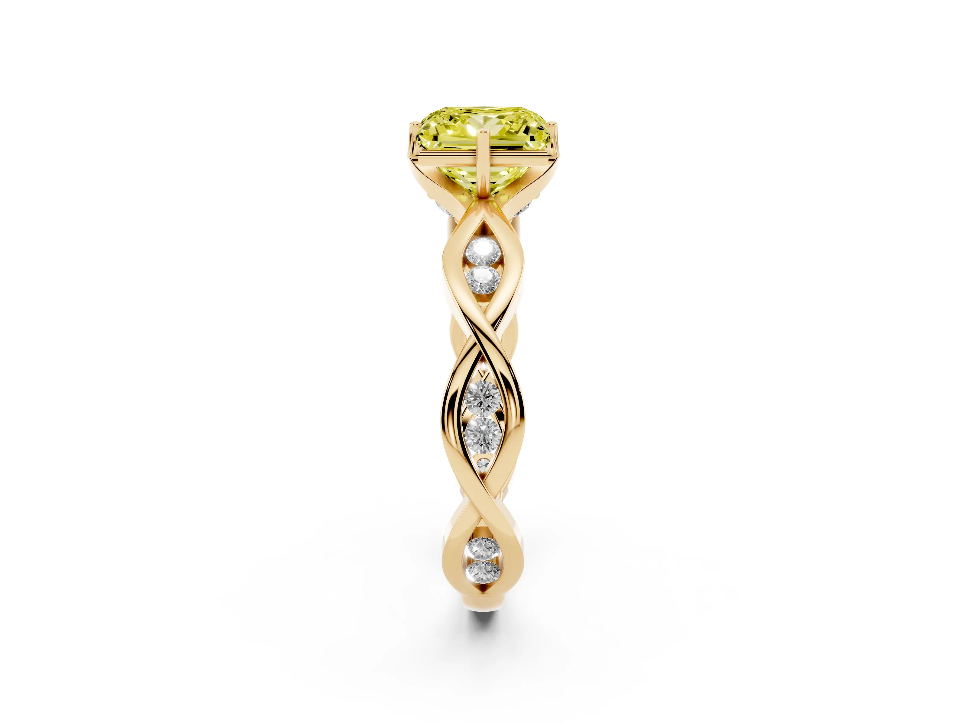Fancy Yellow Princess Cut Diamond Twist Band Solitaire Ring Set in Yellow gold with Leaf Prong Setting and Accent Stones