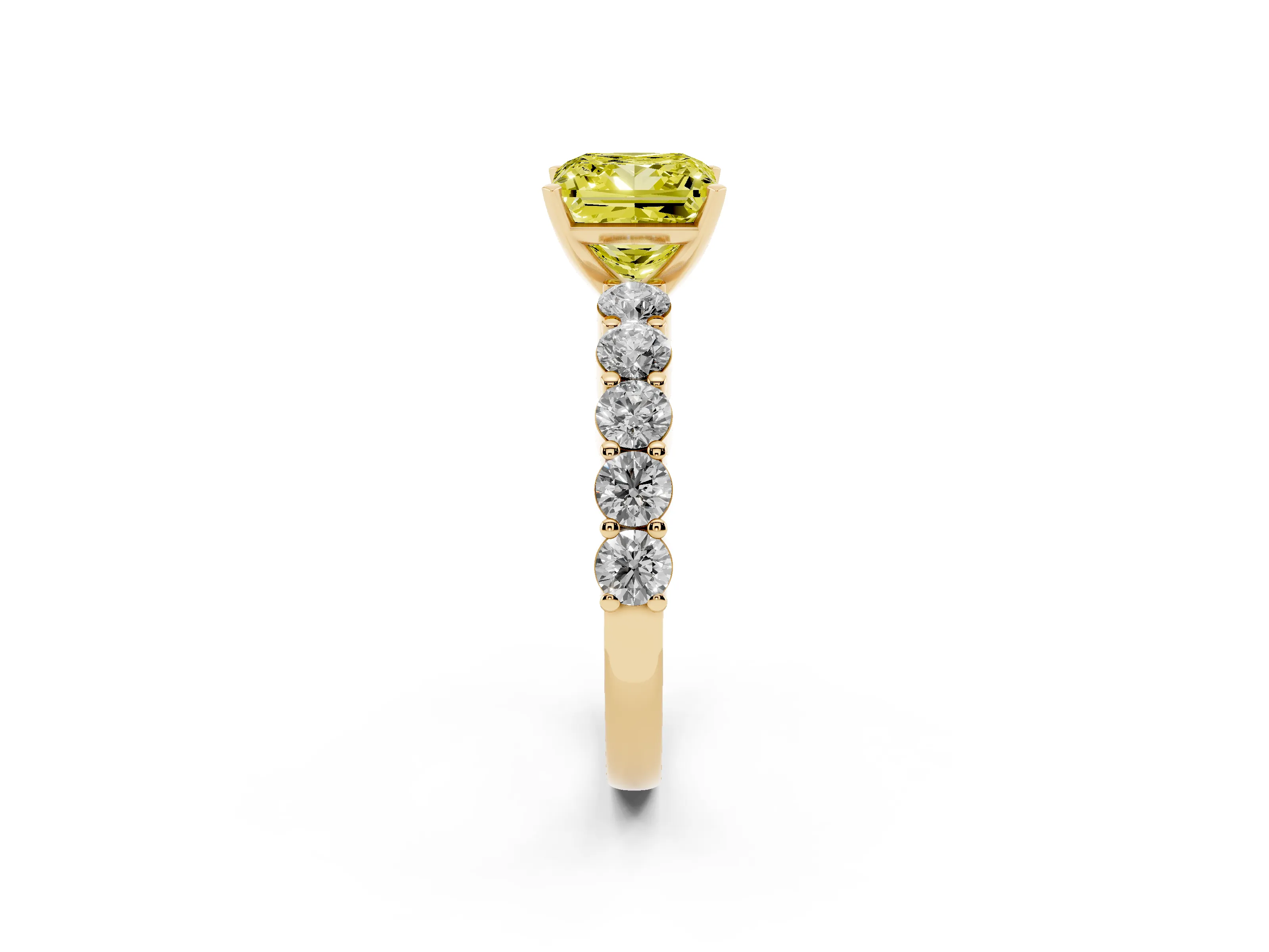 Fancy Yellow Princess Cut Diamond Solitaire Ring Set in Yellow gold with Shared Prong Round Side Stones