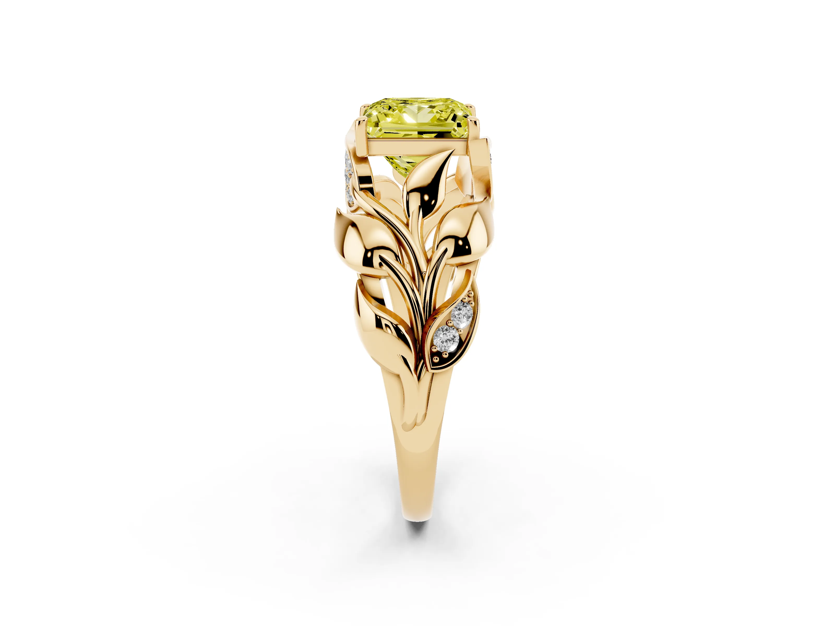 Fancy Yellow Princess Cut Diamond Leaf-Inspired Engagement Ring Set in Yellow gold with Round Accents