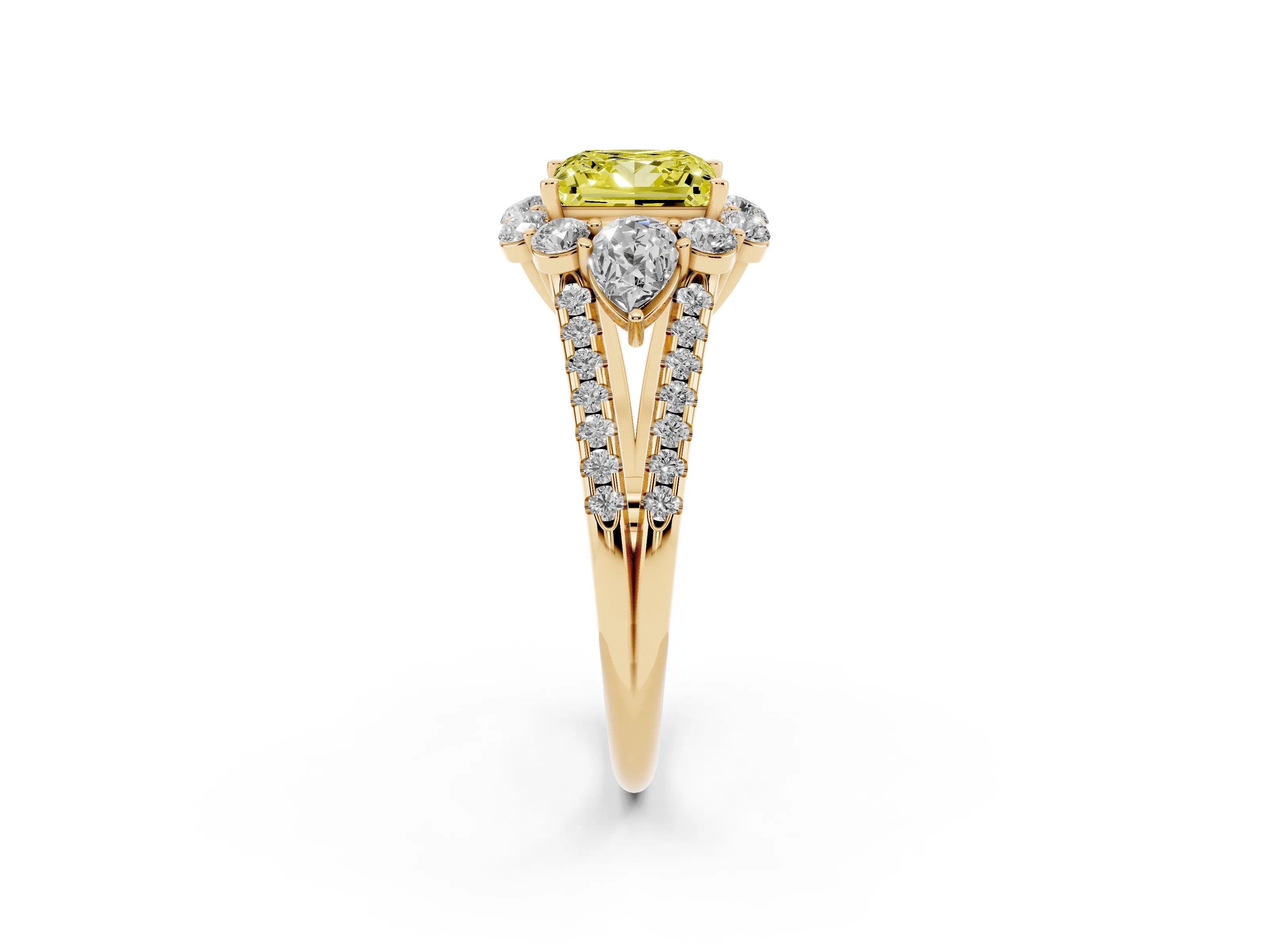 Fancy Yellow Princess Cut Diamond Halo Split Shank Engagement Ring Set in Yellow gold with Prong-Held Center Stone