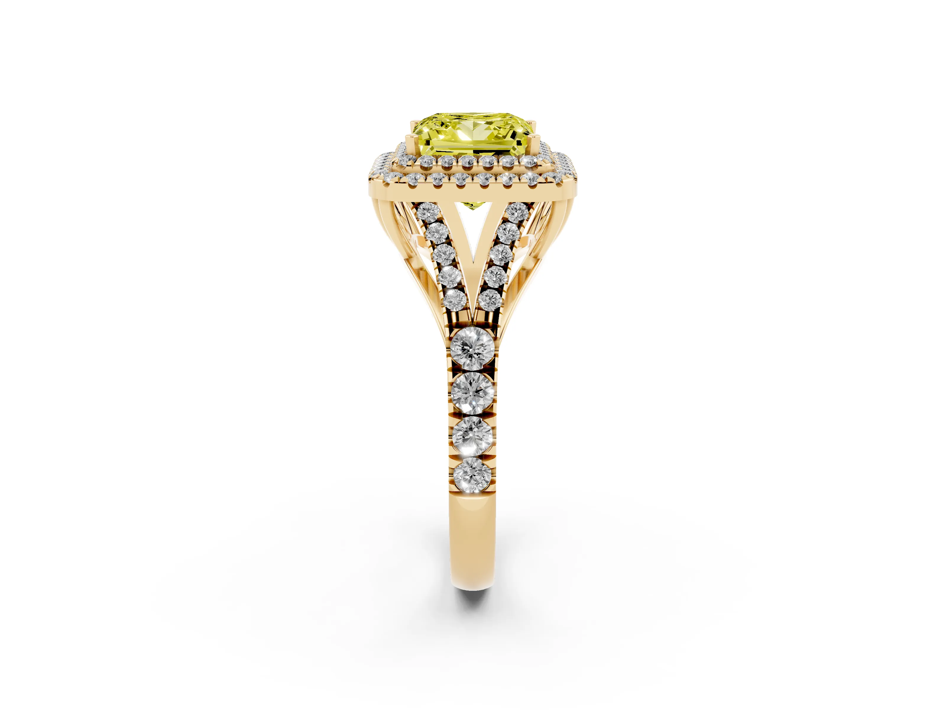 Fancy Yellow Princess Cut Diamond Pavé Split Shank Double Halo Engagement Ring Set in Yellow gold