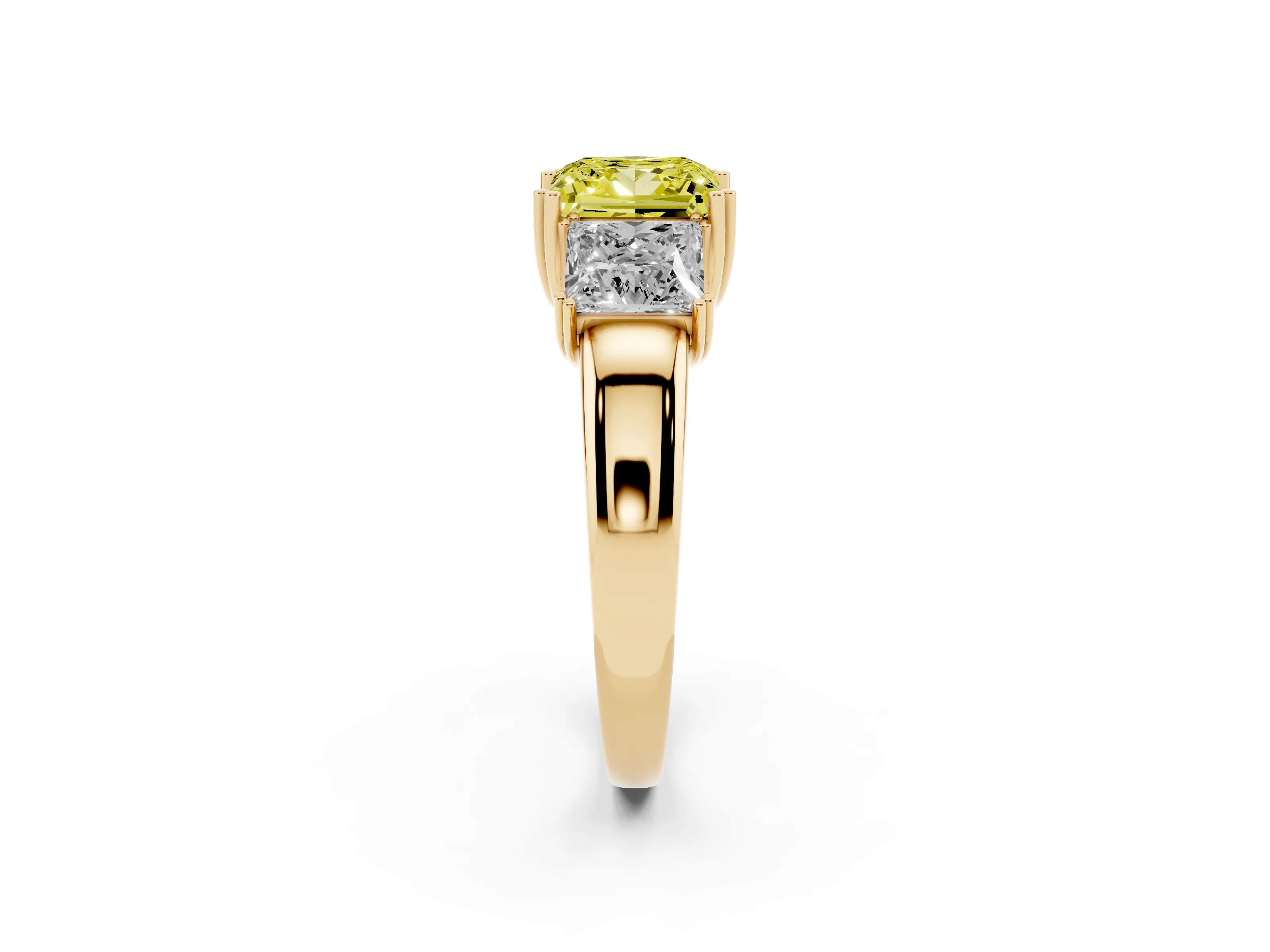 Fancy Yellow Princess Cut Diamond Three-Stone Ring Set in Yellow gold with Polished Channel-Set Band
